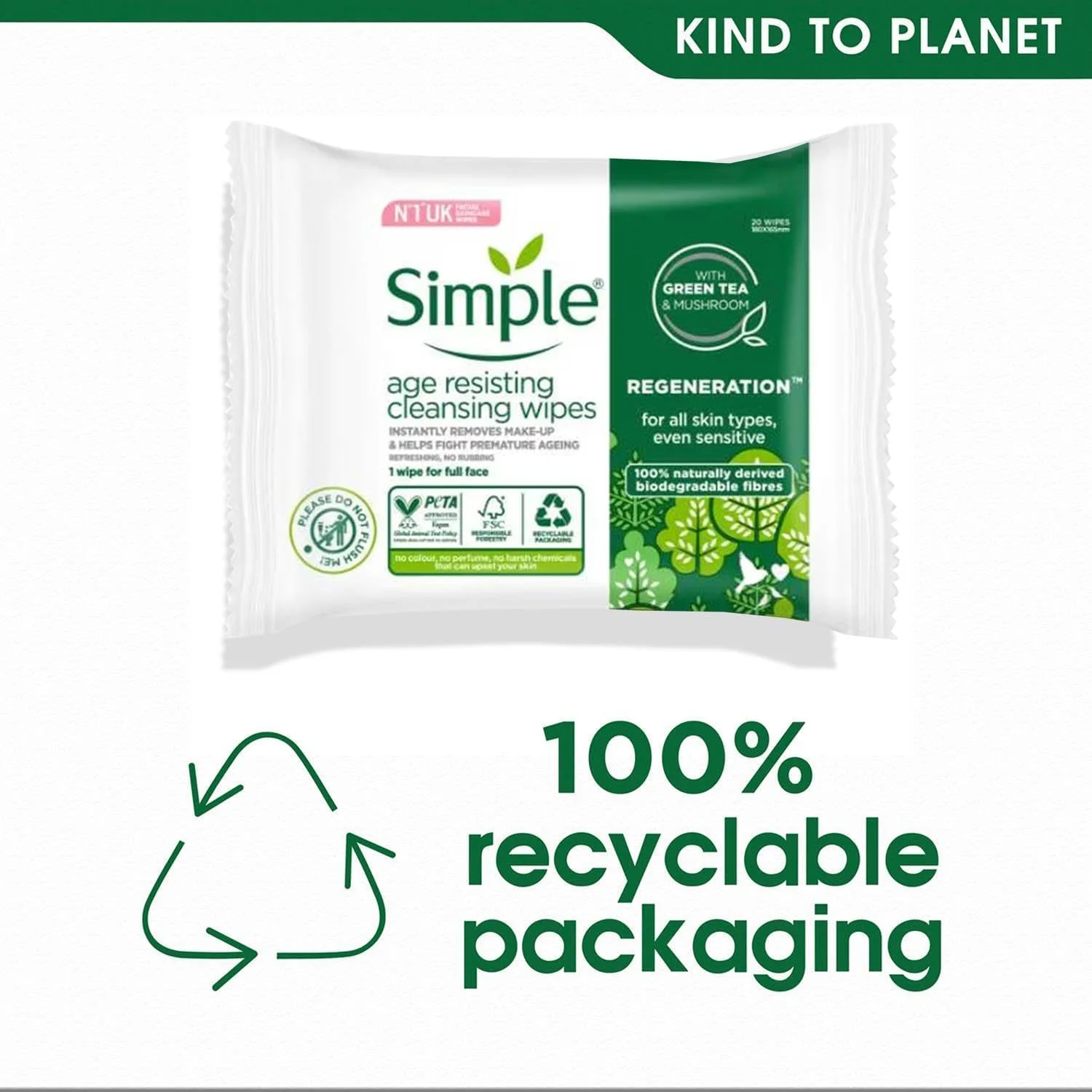 دستمال مرطوب پاک کننده آرایش و ضد پیری پوست حساس سیمپل، 20 عدد