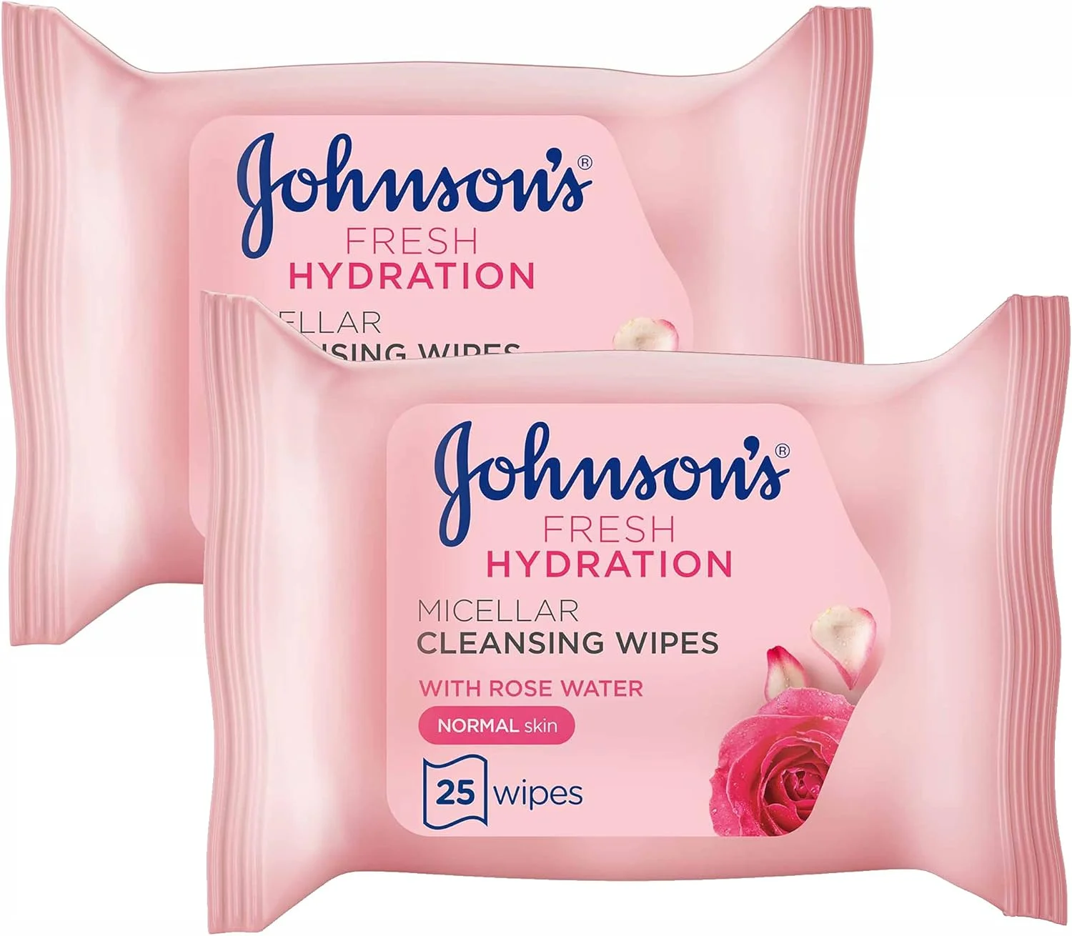 دستمال مرطوب پاک کننده میسلار جانسون اند جانسون، بسته 2x25 عددی، حاوی گلاب، مناسب برای انواع پوست نرمال، پاک کننده ملایم آرایش صورت، آبرسان و طراوت بخش