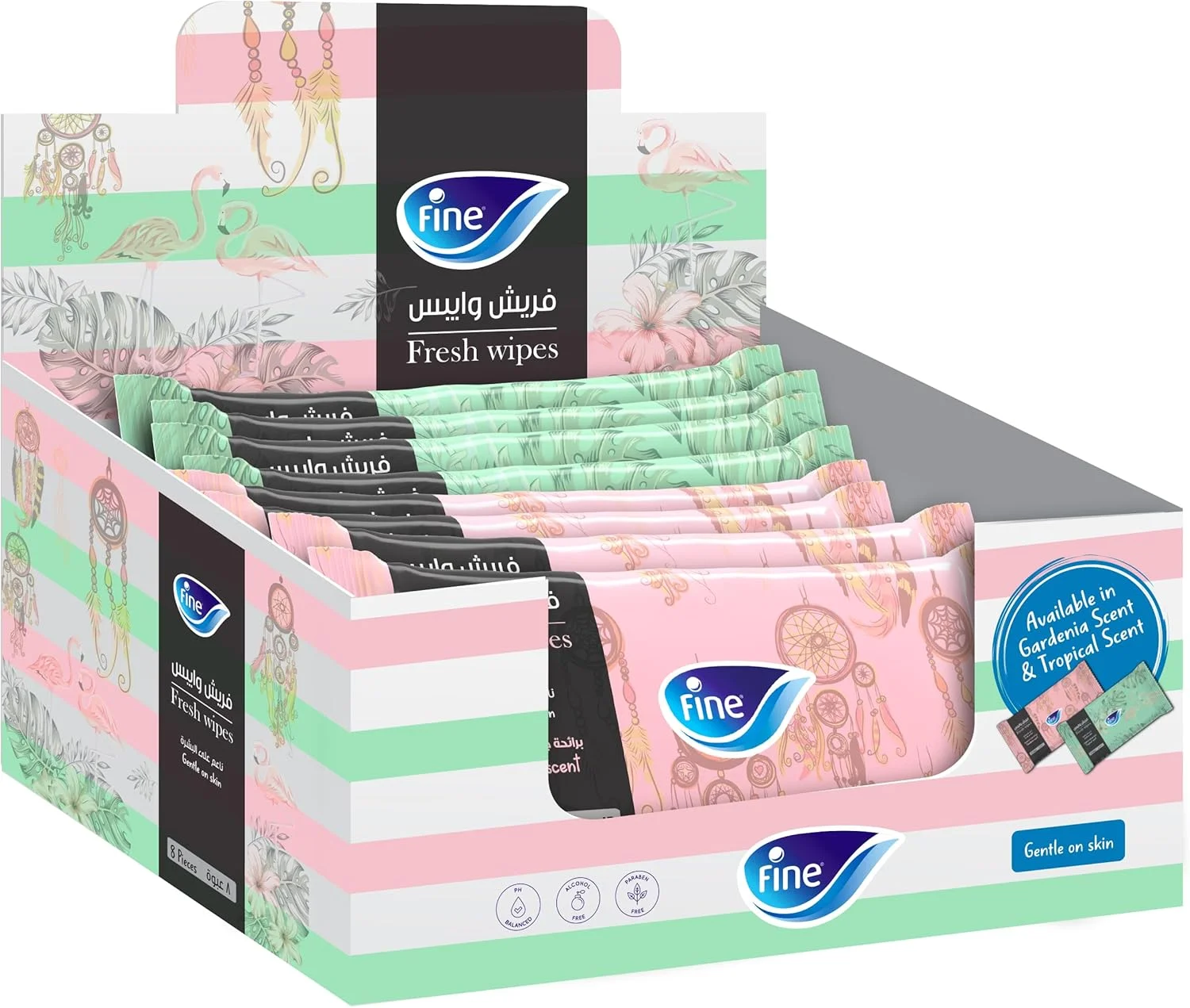 دستمال مرطوب فاین فرش، بسته 8 عددی، هر بسته 20 برگ، با رایحه های گرمسیری و گاردنیا