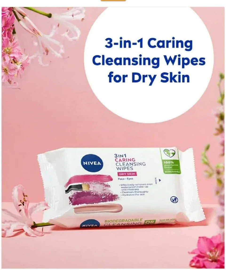 دستمال مرطوب پاک کننده صورت نیوآ 3 در 1 مناسب پوست خشک، 40 عدد، پاک کننده آرایش گیاهی، آبرسان، ملایم و در عین حال موثر