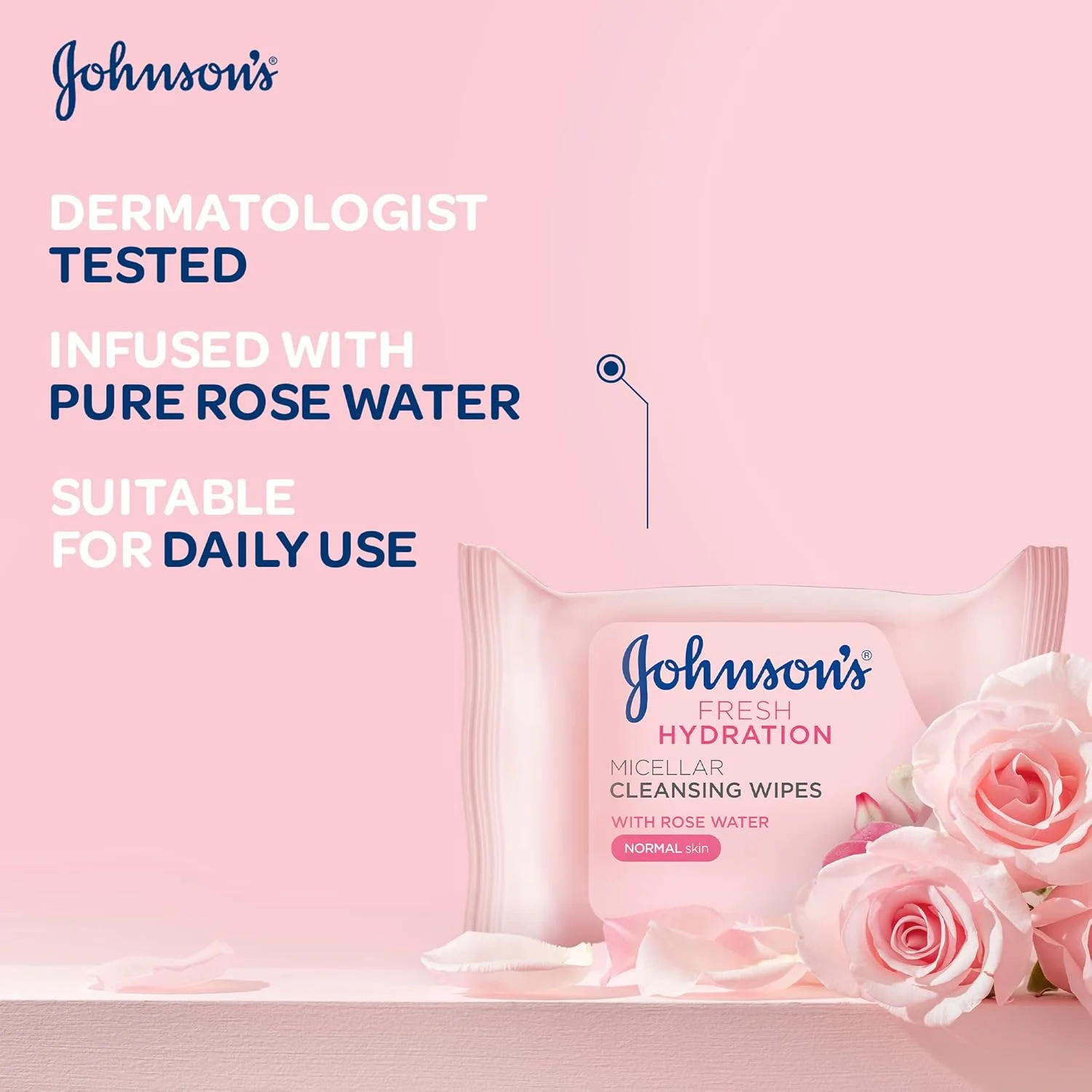دستمال مرطوب صورت جانسون، پاک کننده آرایش میسلار آبرسان، مناسب پوست نرمال، پاک کننده آلودگی و آرایش و حفظ تغذیه پوست، بسته 25 عددی