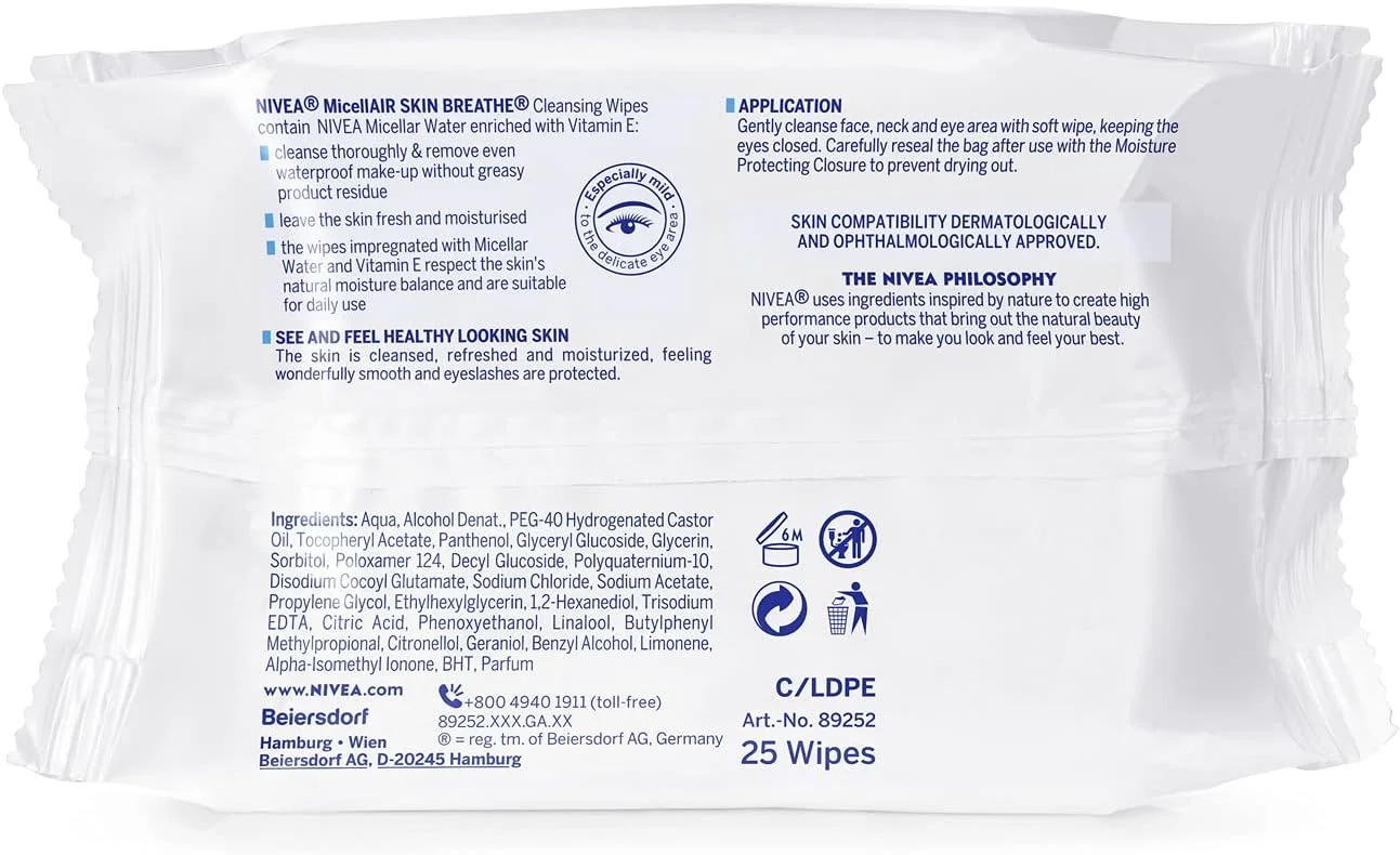 دستمال مرطوب پاک کننده صورت نیوآ 3 در 1 مناسب پوست حساس (25 عدد)، دستمال مرطوب پاک کننده آرایش با منشاء گیاهی، پاک کننده ملایم و موثر آرایش