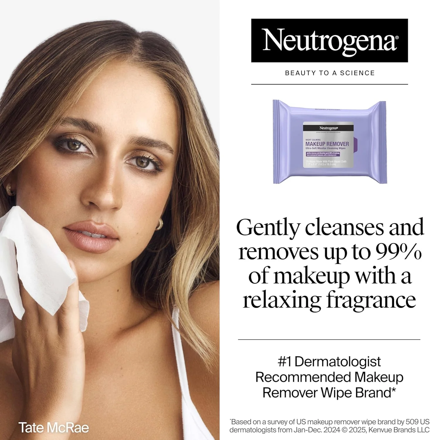 دستمال مرطوب پاک کننده آرایش صورت نوتروژینا، مناسب شب، پاک کننده آلودگی و آرایش، ایجاد حس آرامش در پوست، فاقد الکل، ساخته شده از پارچه 100% گیاهی، 25 عدد، بسته دوتایی