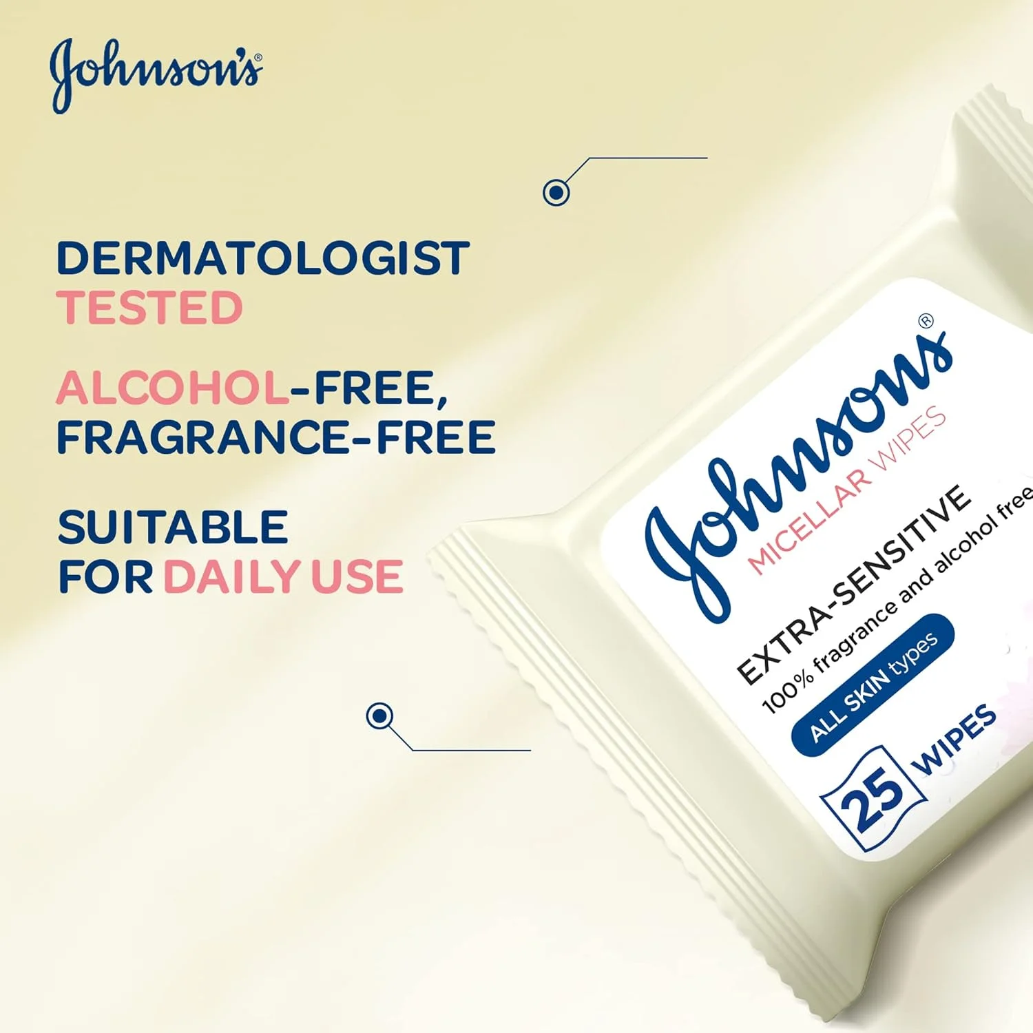دستمال مرطوب میسلار جانسون مناسب پوست های حساس، بسته 2x25 عددی، مناسب برای انواع پوست، پاک کننده ملایم و موثر آرایش، مناسب برای پاک کردن آرایش دور چشم های حساس، فاقد الکل