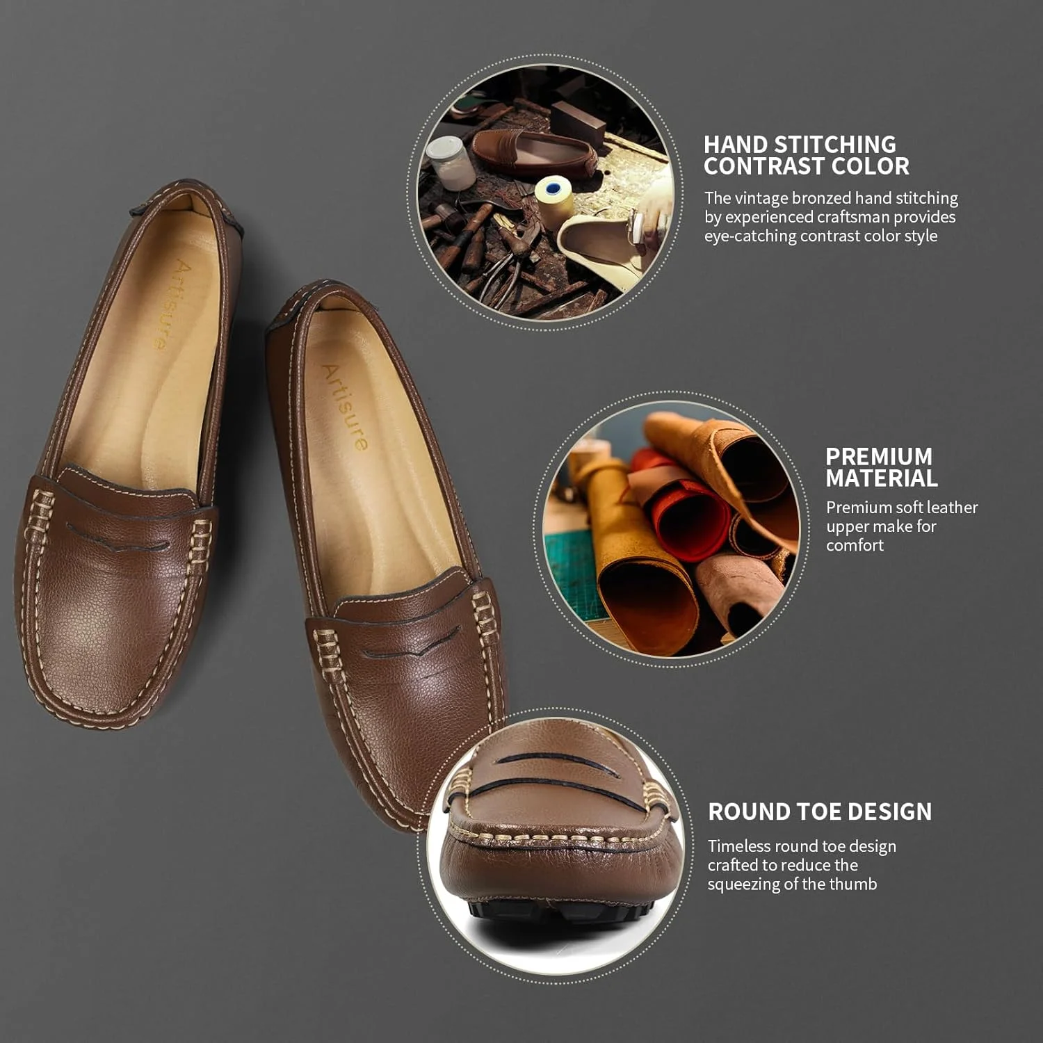 کفش کالج زنانه Artisure، چرم طبیعی، مدل پنی، مناسب رانندگی، کفش قایقی، سبک کلاسیک، راحت و شیک