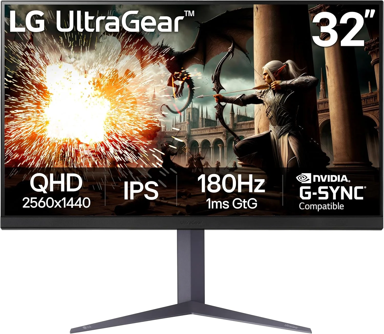 مانیتور گیمینگ 32 اینچ LG Ultragear QHD (2560x1440)، 180 هرتز، 1 میلی‌ثانیه، IPS، DisplayHDR 400، سازگار با NVIDIA G-SYNC، AMD FreeSync، VESA Adaptive Sync، HDR10، پایه با قابلیت تنظیم شیب/ارتفاع/چرخش، HDMI، DisplayPort، مشکی