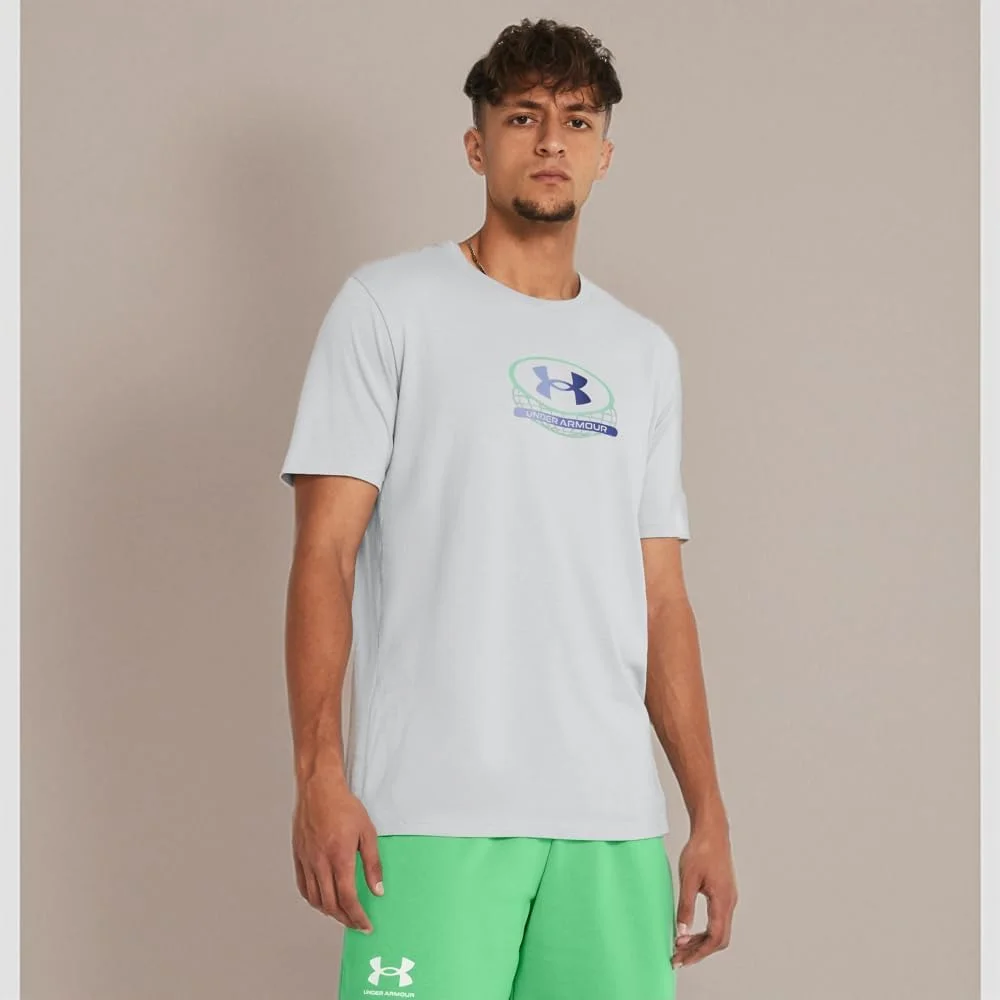 تی شرت آستین کوتاه مردانه آندر آرمور مدل Global Lockertag، طوسی خاکستری روشن / آبی آسمانی، سایز بزرگ