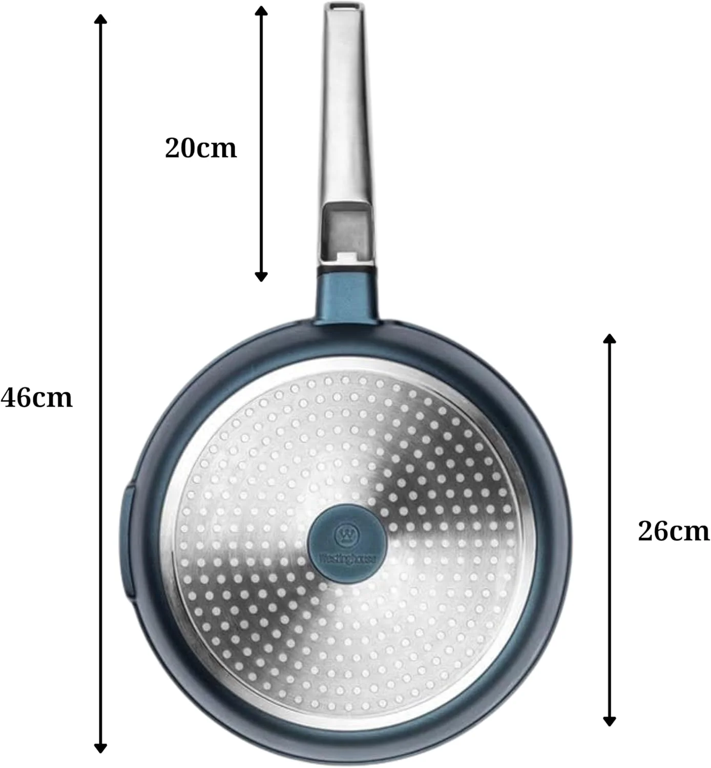 تابه 26 سانتی‌متری نچسب وستینگهاوس سری Performance – آلومینیوم دایکاست با پوشش QuanTanium، مناسب برای پخت و پز سالم، قابل استفاده در اجاق القایی و فر، دسته استیل ضد زنگ با روکش خنک – آبی