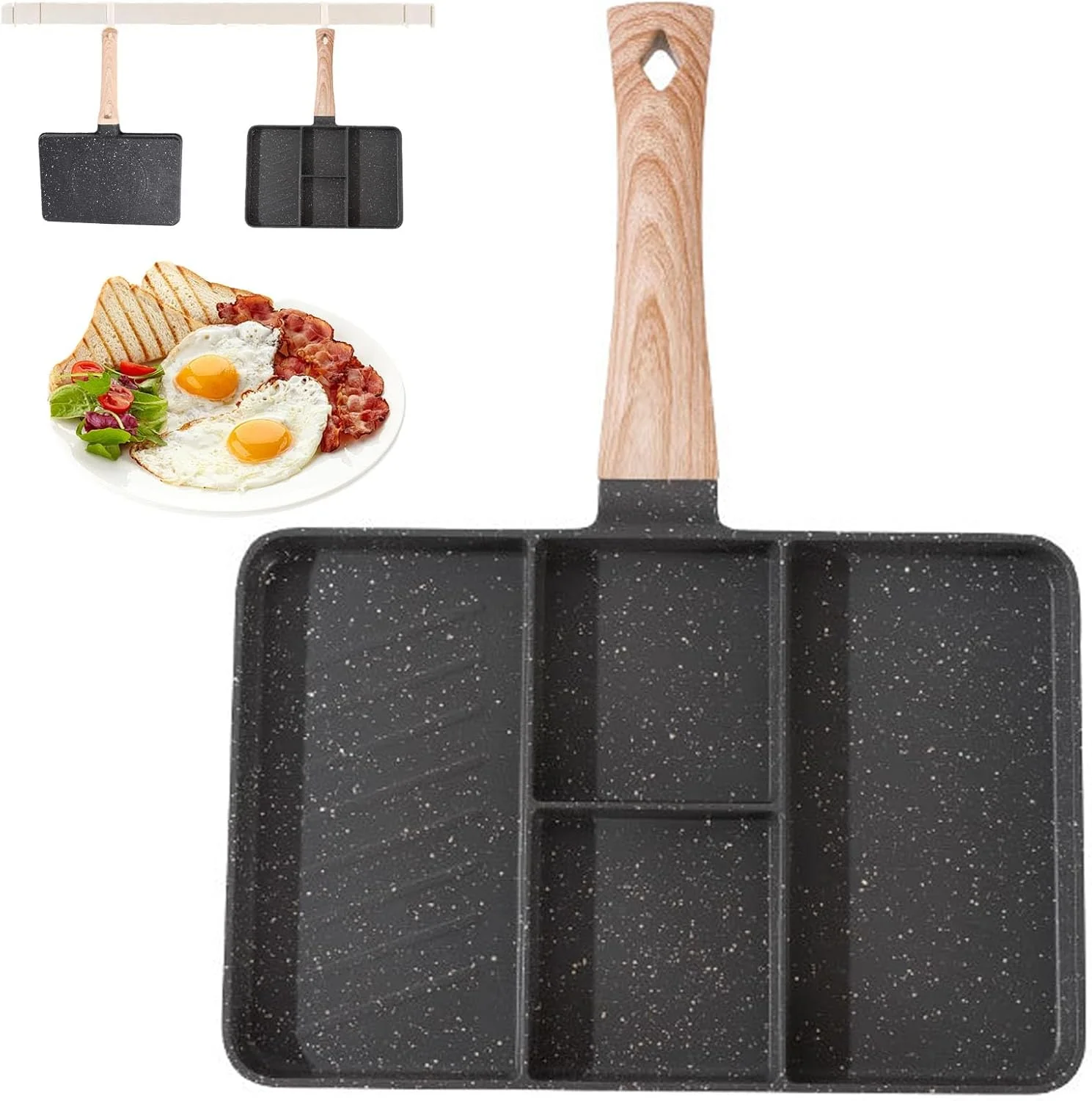 تابه صبحانه 4 خانه VAODO، تابه گریل نچسب، تابه گریل استیک 4 در 1 چند منظوره، سازگار با تمام اجاق ها، فاقد PFOA و PTFE، مشکی