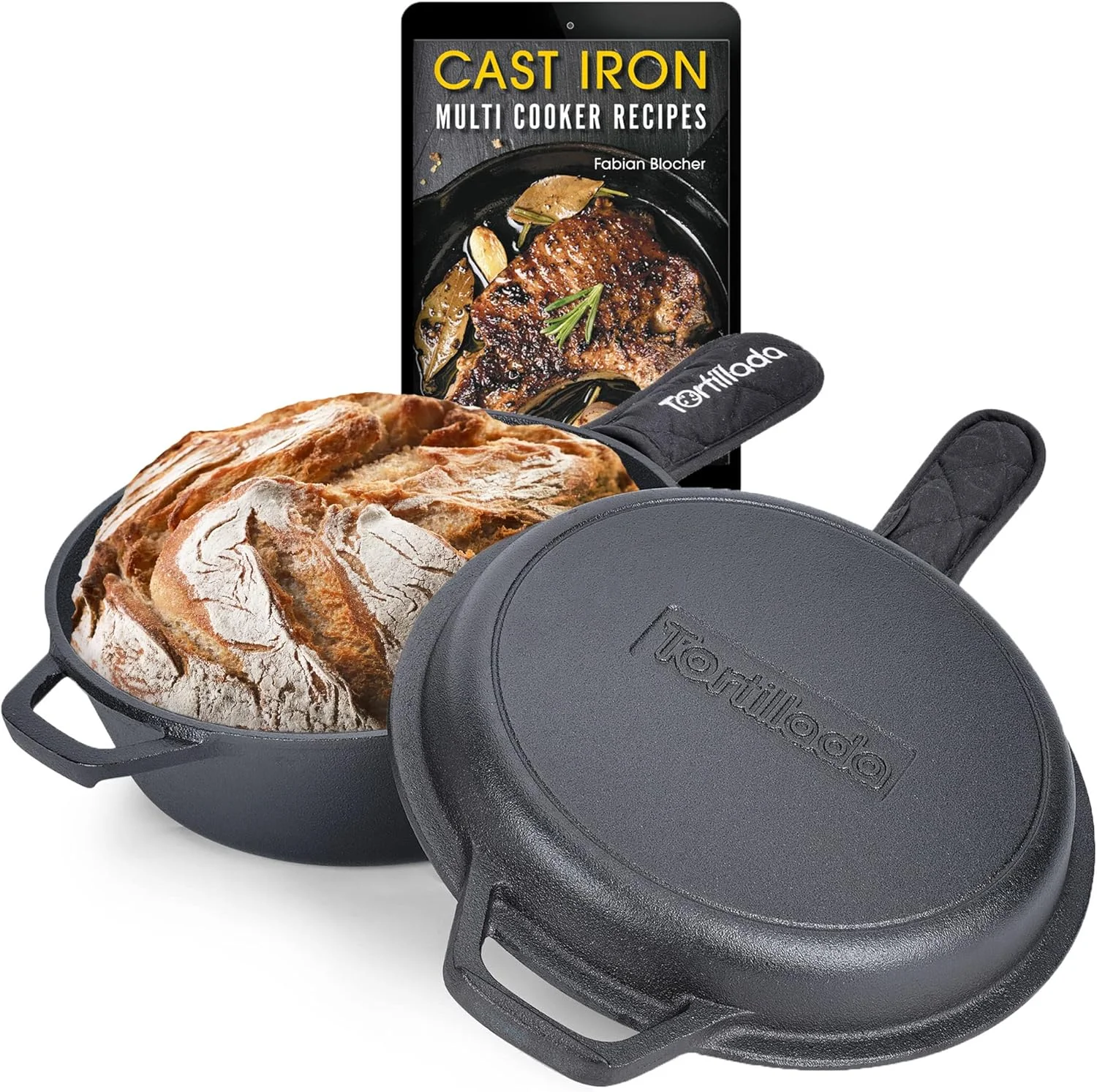 تابه و قابلمه چدنی 2 در 1 تورتیلادا (3.5 لیتر) + تابه چدنی (10 اینچ) + دستگیره + کتاب الکترونیکی با 50 دستور غذا