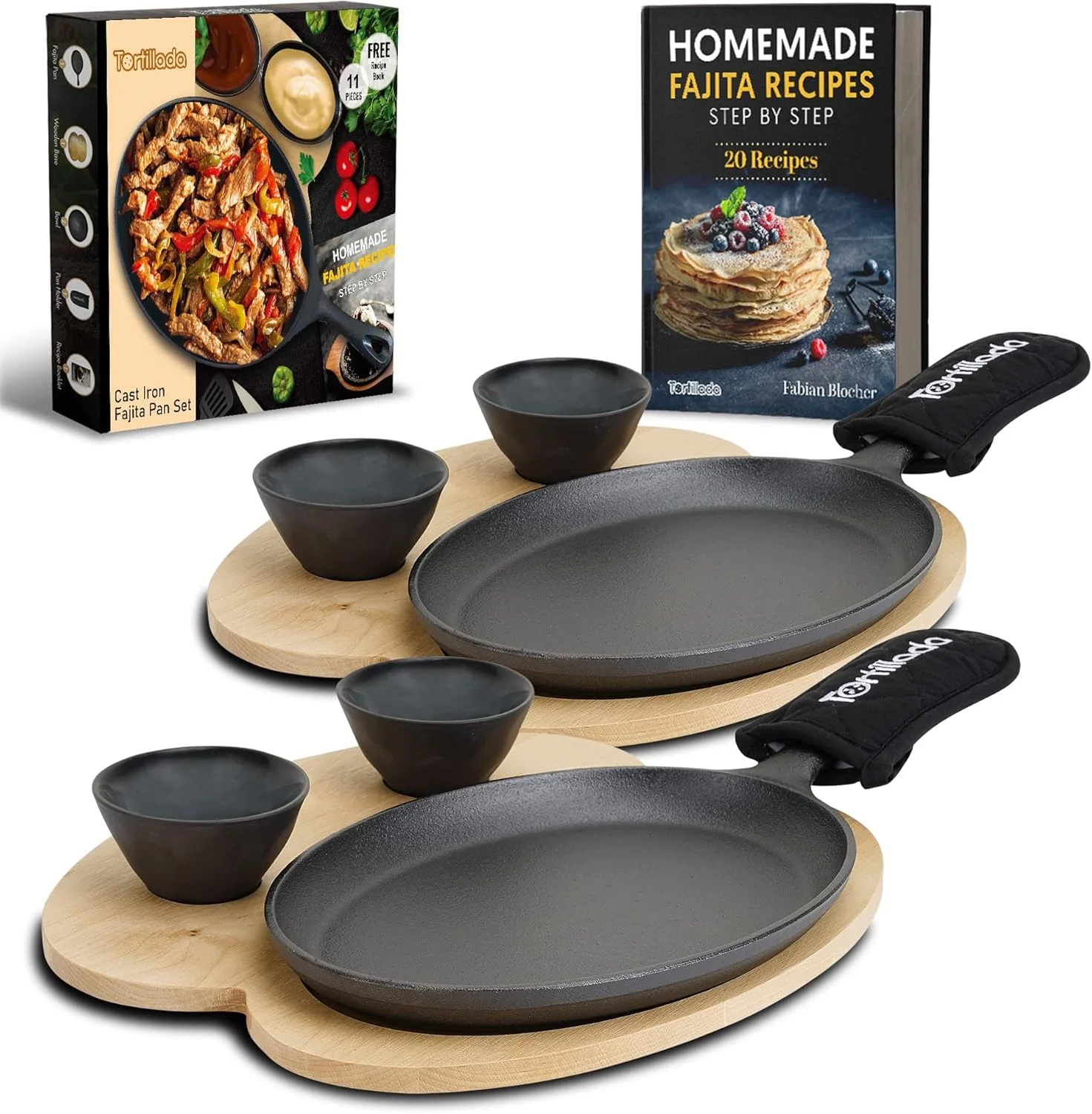 تابه فاجیتای چدنی ۱۰ اینچی Tortillada به همراه سینی چوبی و ۲ کاسه سرامیکی (ست ۲ عددی)