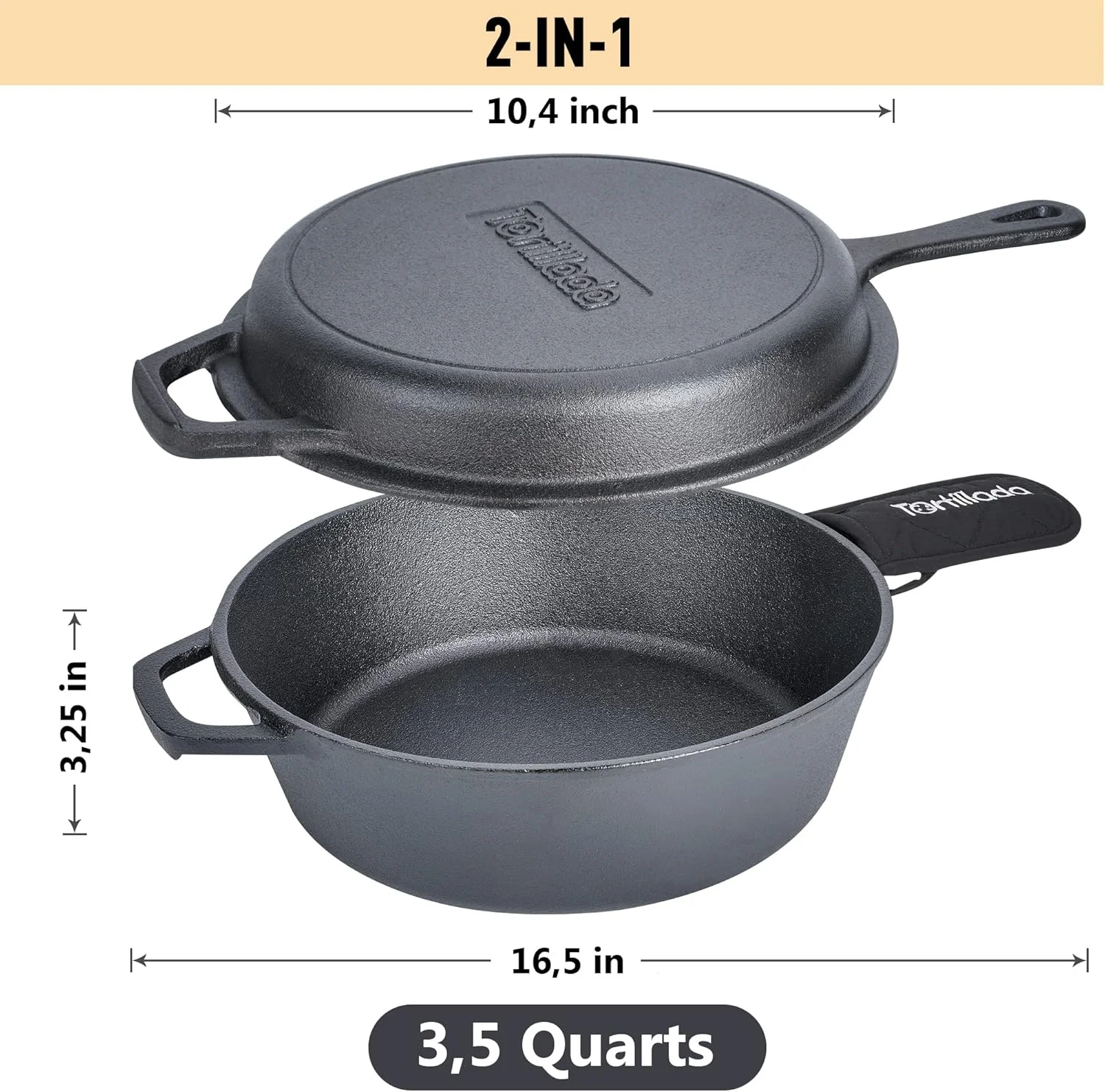 تابه و قابلمه چدنی 2 در 1 تورتیلادا (3.5 لیتر) + تابه چدنی (10 اینچ) + دستگیره + کتاب الکترونیکی با 50 دستور غذا