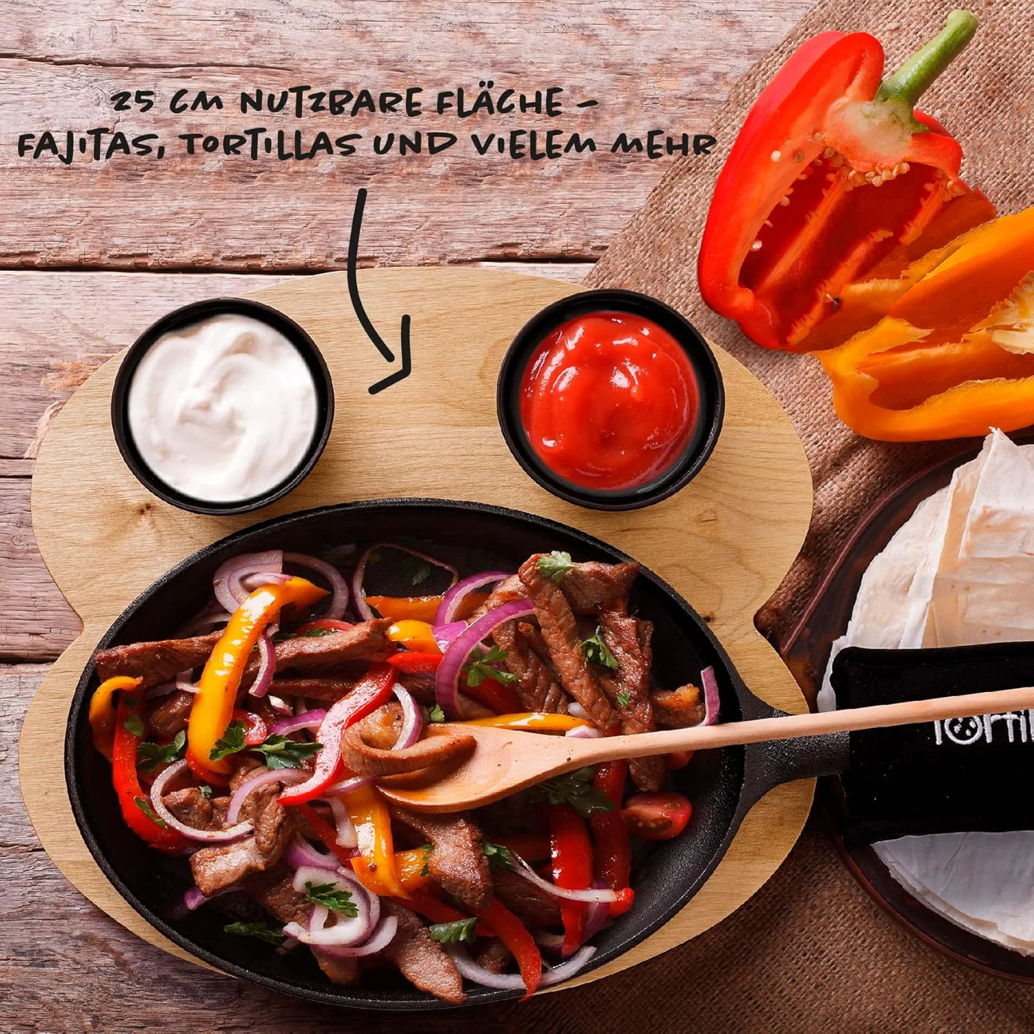 تابه فاجیتای چدنی ۱۰ اینچی Tortillada به همراه سینی چوبی و ۲ کاسه سرامیکی (ست ۲ عددی)
