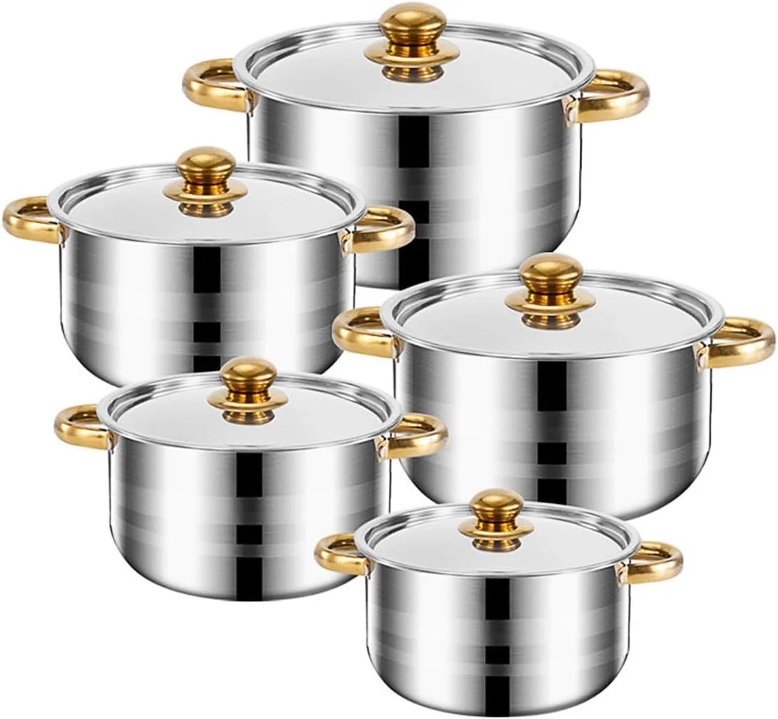 ست ظروف استیل ۱۰ پارچه شامل قابلمه های درب دار با دسته استیل، سازگار با اجاق گاز و اجاق های دیگر