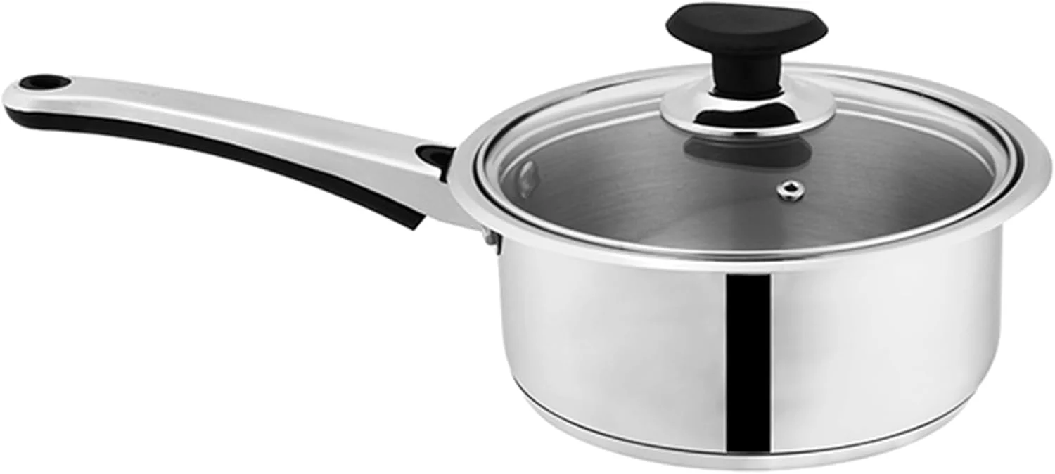 قابلمه سس استیل ضد زنگ بزرگ سونِکس مگا، (2 لیتر) با درب شیشه ای – دسته خنک ارگونومیک، کفه ساندویچی، ظاهر مدرن و شیک، ایده آل برای سس ها، سوپ ها و موارد دیگر (18 سانتی متر)