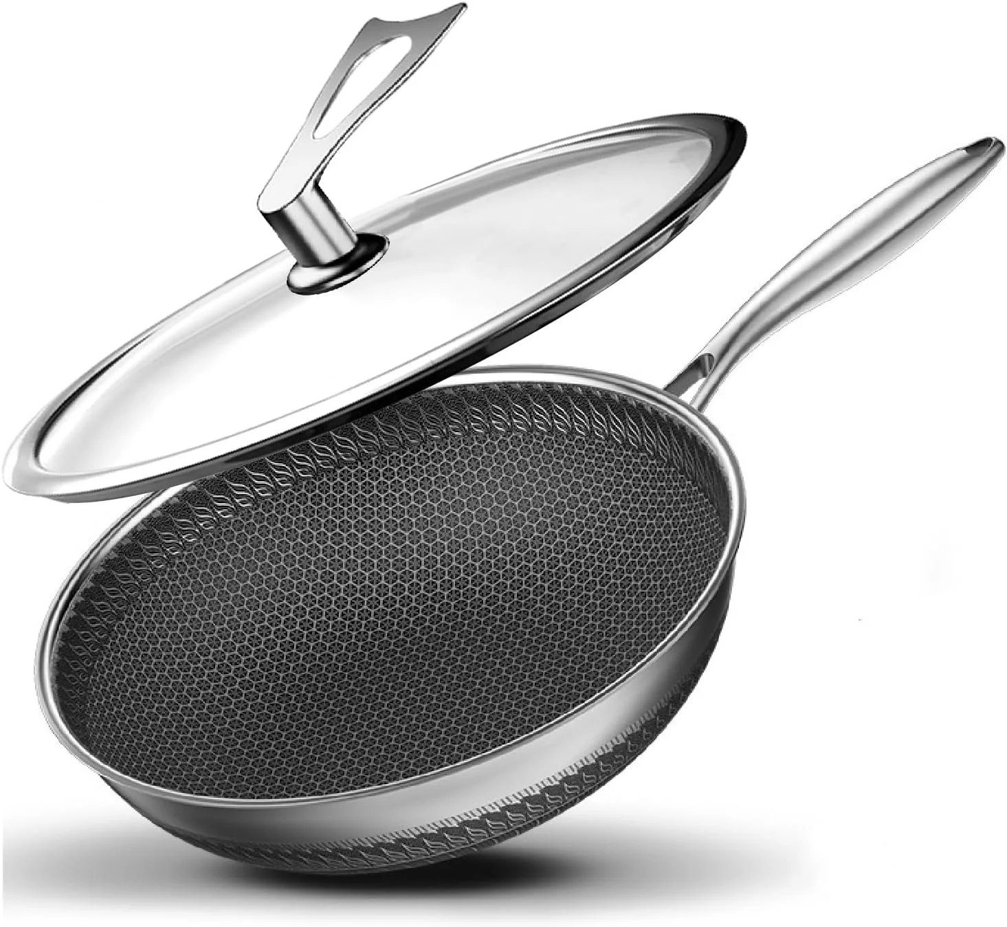 تابه ووک با درب، قابلمه استیل 32 سانتی متری با درب، تابه های ووک سرخ کردنی با پوشش لانه زنبوری، ووک نچسب کف صاف، تابه ووک القایی سازگار با همه اجاق ها