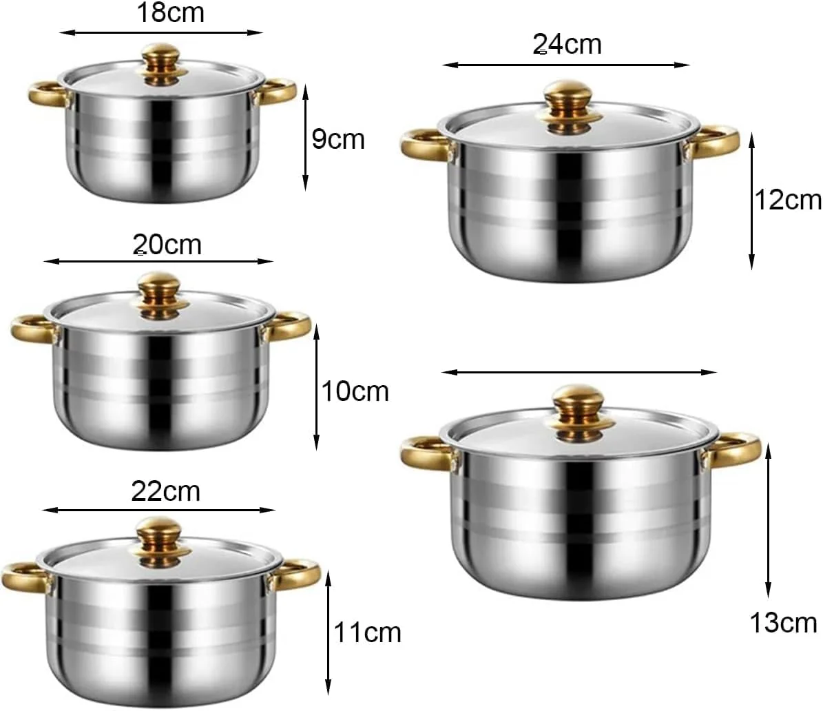 ست ظروف استیل ۱۰ پارچه شامل قابلمه های درب دار با دسته استیل، سازگار با اجاق گاز و اجاق های دیگر