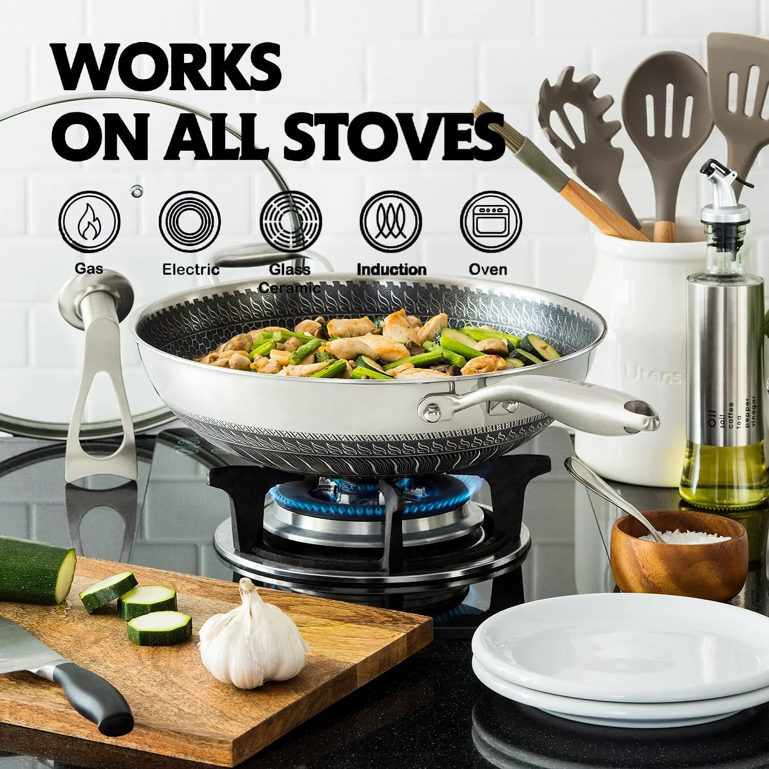 تابه ووک با درب، قابلمه استیل 32 سانتی متری با درب، تابه های ووک سرخ کردنی با پوشش لانه زنبوری، ووک نچسب کف صاف، تابه ووک القایی سازگار با همه اجاق ها