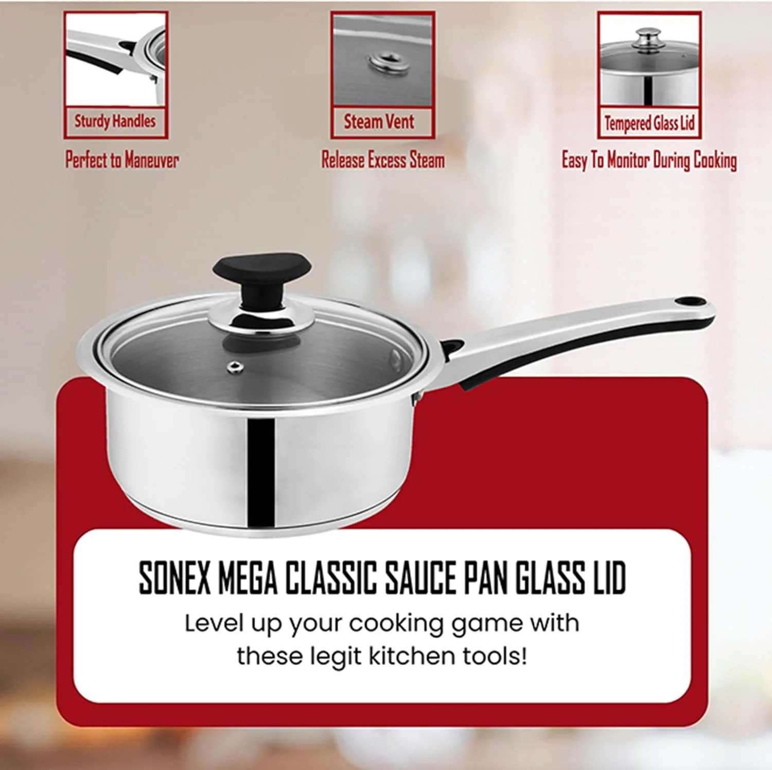 قابلمه سس استیل ضد زنگ بزرگ سونِکس مگا، (2 لیتر) با درب شیشه ای – دسته خنک ارگونومیک، کفه ساندویچی، ظاهر مدرن و شیک، ایده آل برای سس ها، سوپ ها و موارد دیگر (18 سانتی متر)