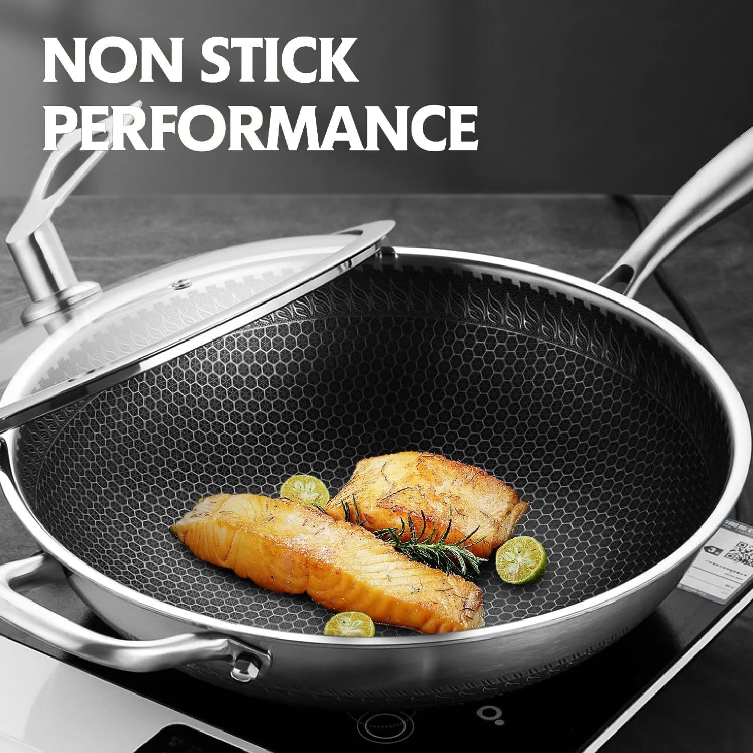 تابه ووک با درب، قابلمه استیل 32 سانتی متری با درب، تابه های ووک سرخ کردنی با پوشش لانه زنبوری، ووک نچسب کف صاف، تابه ووک القایی سازگار با همه اجاق ها