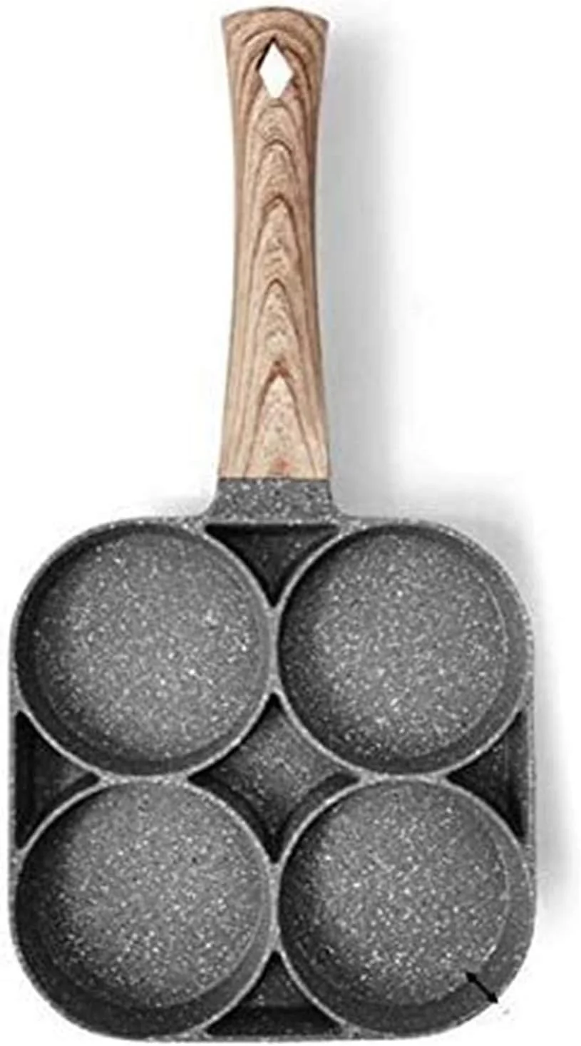 تابه نچسب آشپزخانه Showay، تابه املت 4 حفره ای برای برگر، تخم مرغ، ژامبون، پنکیک، دسته چوبی، قابلمه نچسب برای پخت و پز صبحانه (رنگ: پیش فرض)