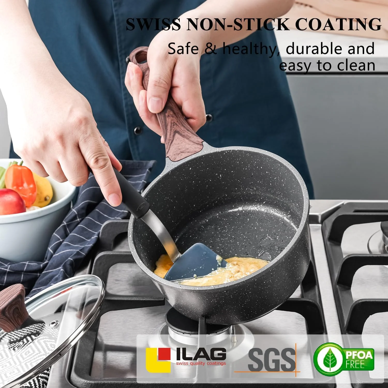 SENSARTE Nonstick Sauce Pan with Lid, 2QT Small Sauce Pot with Swiss Granite Coating, Stay-cool Handle, Multipurpose Handy Little Saucepan, Induction Capable, PFOA Free(18 cm)