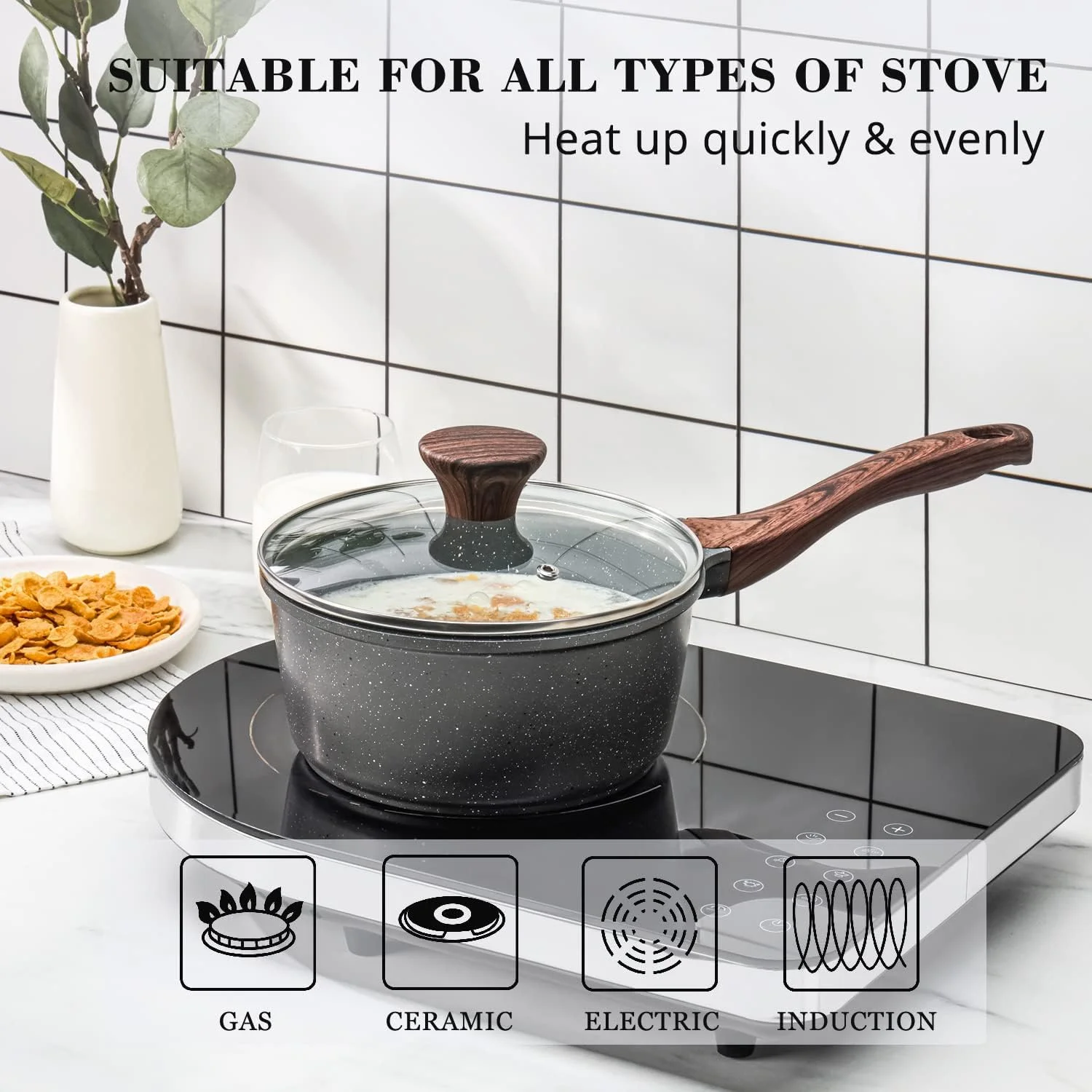 SENSARTE Nonstick Sauce Pan with Lid, 2QT Small Sauce Pot with Swiss Granite Coating, Stay-cool Handle, Multipurpose Handy Little Saucepan, Induction Capable, PFOA Free(18 cm)