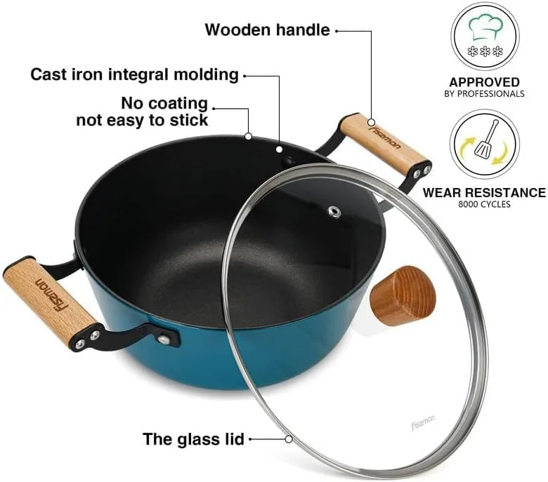 قابلمه فیسمن مدل SEAGREEN سایز 24x11 سانتی متر / 4 لیتر با درب شیشه ای، ظروف پخت و پز القایی سبک وزن میناکاری شده با پوشش نچسب، قابلمه چدنی، ظروف آشپزی