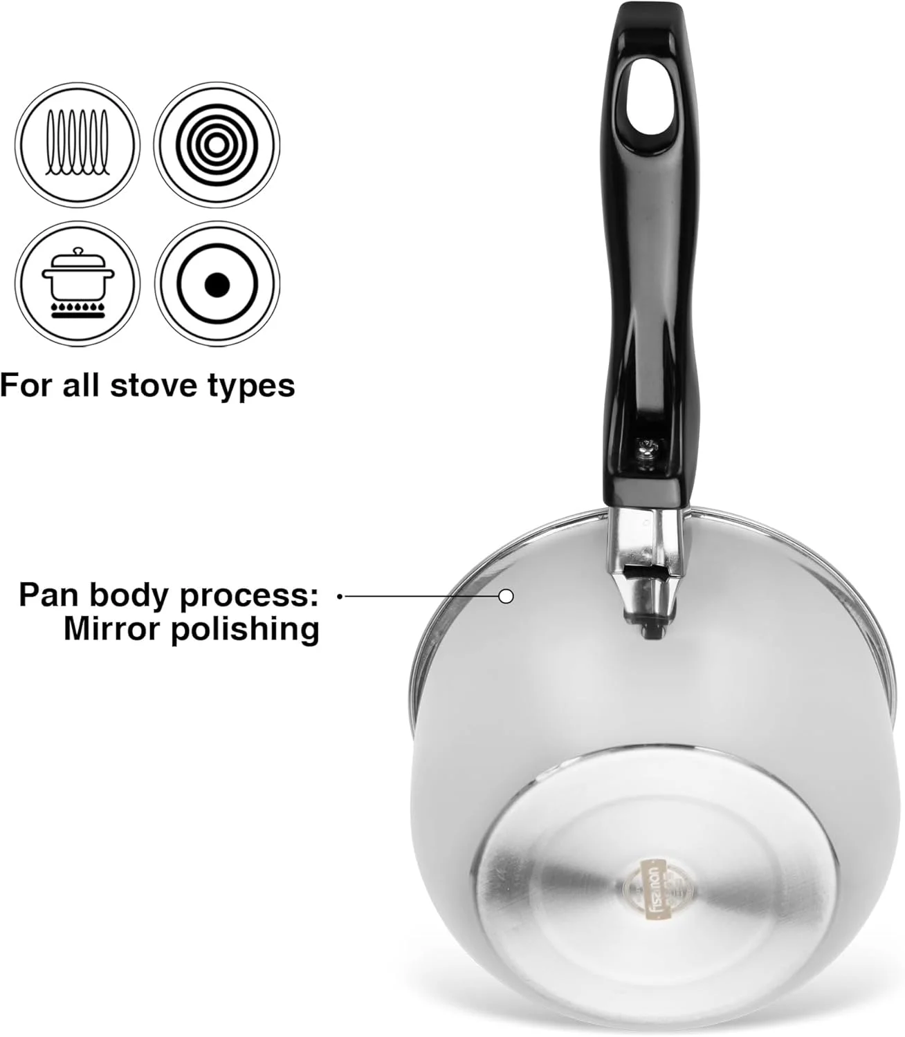 شیرجوش فیسمن ۰.۹۵ لیتری، شیرجوش دو جداره استیل ضد زنگ Bain-Marie سایز ۱۶ سانتی متر | پرداخت براق آینه ای فولاد ضد زنگ ۱۸/۱۰ INOX304 | کف القایی مناسب برای همه اجاق گازها | دسته باکالیت