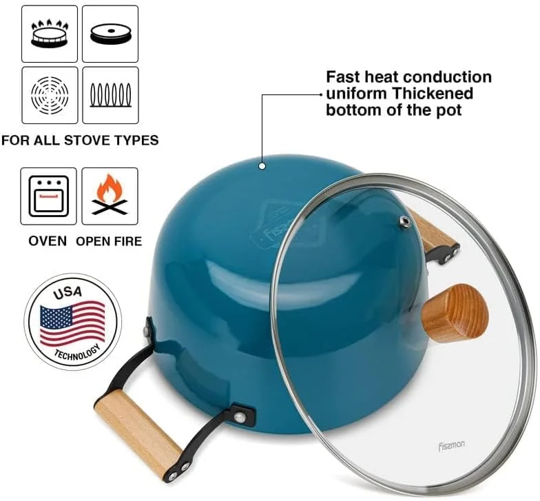 قابلمه فیسمن مدل SEAGREEN سایز 24x11 سانتی متر / 4 لیتر با درب شیشه ای، ظروف پخت و پز القایی سبک وزن میناکاری شده با پوشش نچسب، قابلمه چدنی، ظروف آشپزی
