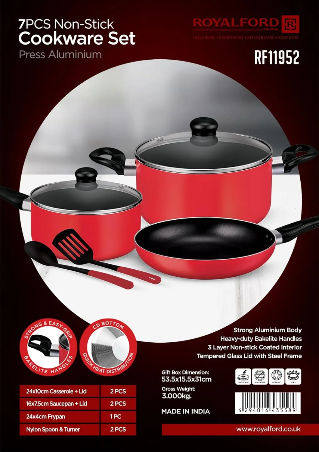 ست ظروف پخت و پز آلومینیومی نچسب رویال فورد مدل RF11952 - بدنه آلومینیومی 7 تکه با پوشش نچسب 3 لایه