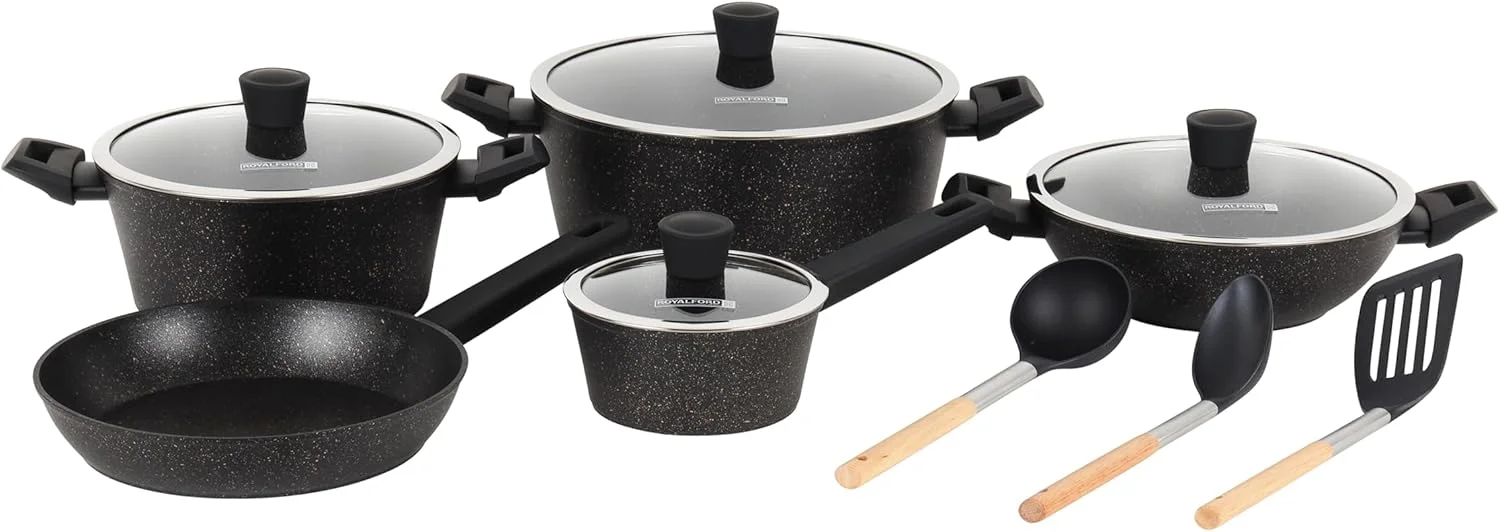 ست ظروف پخت و پز گرانیتی نچسب ۱۲ پارچه رویال فورد مدل RF12677، ست ظروف آلومینیومی با پایه القایی، شامل تابه سرخ کن، قابلمه، تابه وک، ابزار آشپزخانه و درب شیشه ای