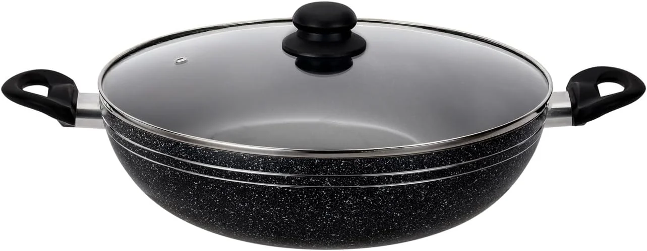 تابه وک آلومینیومی رویال فورد، 26 سانتی متر | تابه سرخ کردنی مناسب برای اجاق های القایی با پوشش نچسب و درب شیشه ای مقاوم | تابه سرخ کردنی با دسته مقاوم در برابر حرارت | تابه پخت و پز، فاقد PFOA