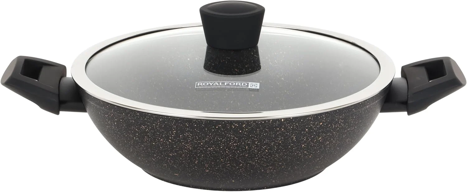 ست ظروف پخت و پز گرانیتی نچسب ۱۲ پارچه رویال فورد مدل RF12677، ست ظروف آلومینیومی با پایه القایی، شامل تابه سرخ کن، قابلمه، تابه وک، ابزار آشپزخانه و درب شیشه ای