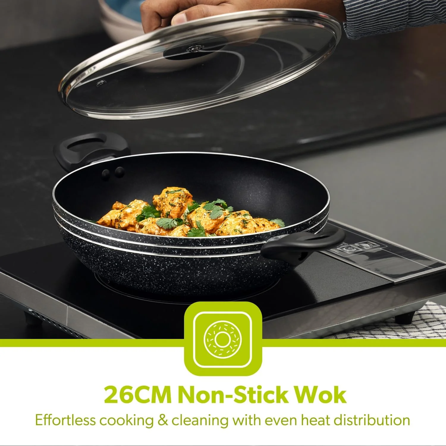 تابه وک آلومینیومی رویال فورد، 26 سانتی متر | تابه سرخ کردنی مناسب برای اجاق های القایی با پوشش نچسب و درب شیشه ای مقاوم | تابه سرخ کردنی با دسته مقاوم در برابر حرارت | تابه پخت و پز، فاقد PFOA