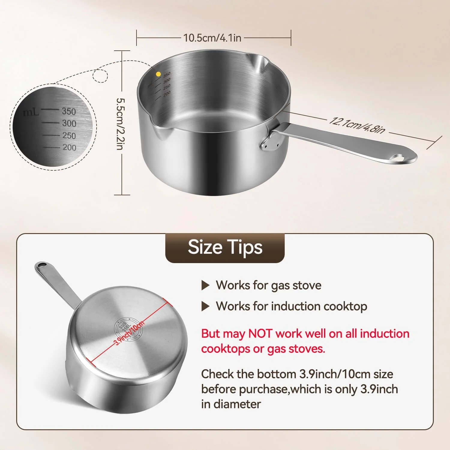 شیرجوش 350 میلی لیتری استیل 316 با دو لبه ریزش