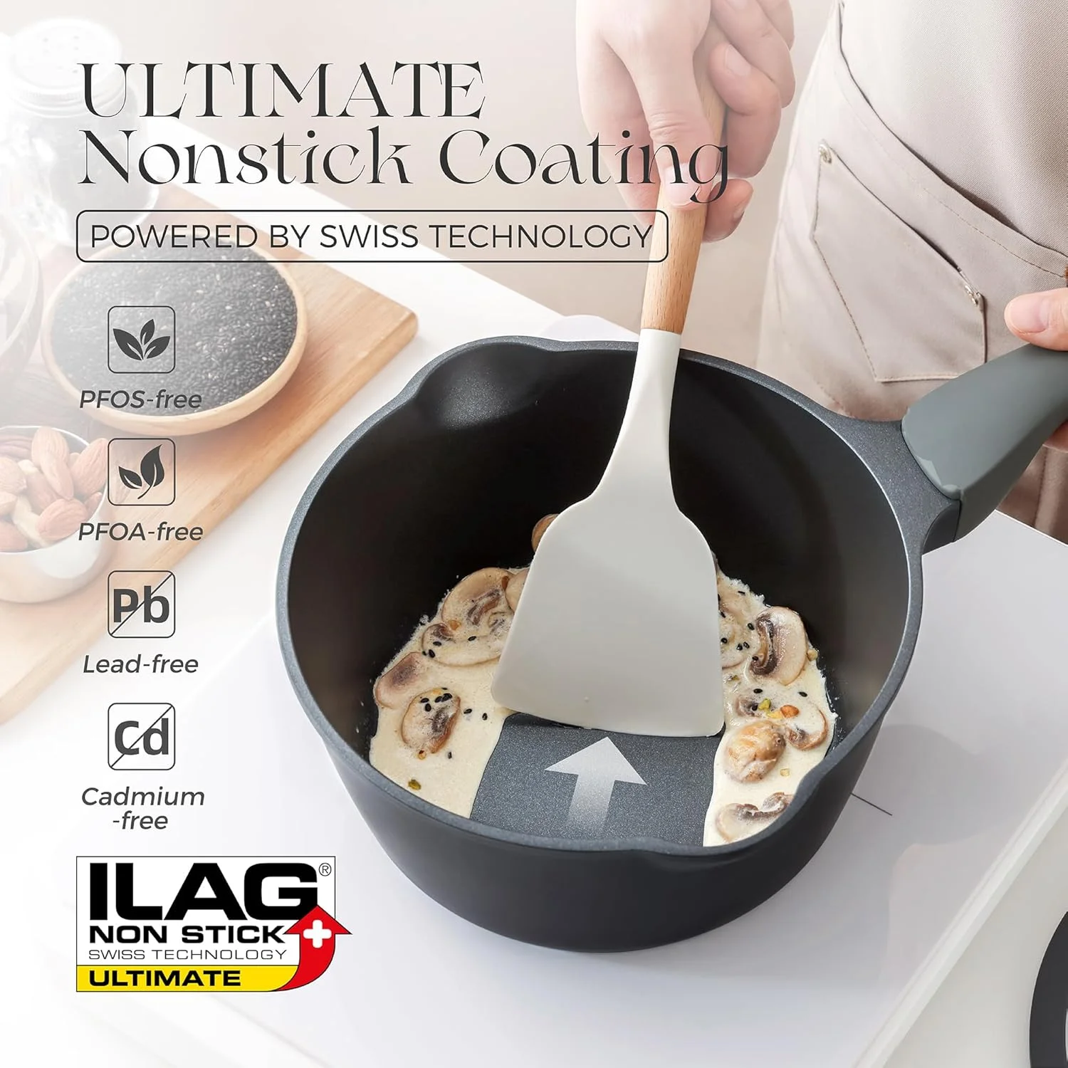 قابلمه نچسب PRICUSIS با درب، 2 کوارت، قابلمه غیر سمی با دهانه های خروجی، پوشش کامل، 100% قابل شستشو در ماشین ظرفشویی، سازگار با اجاق القایی و ایمن برای فر، بدون PTFE و PFOA، کنجد سیاه