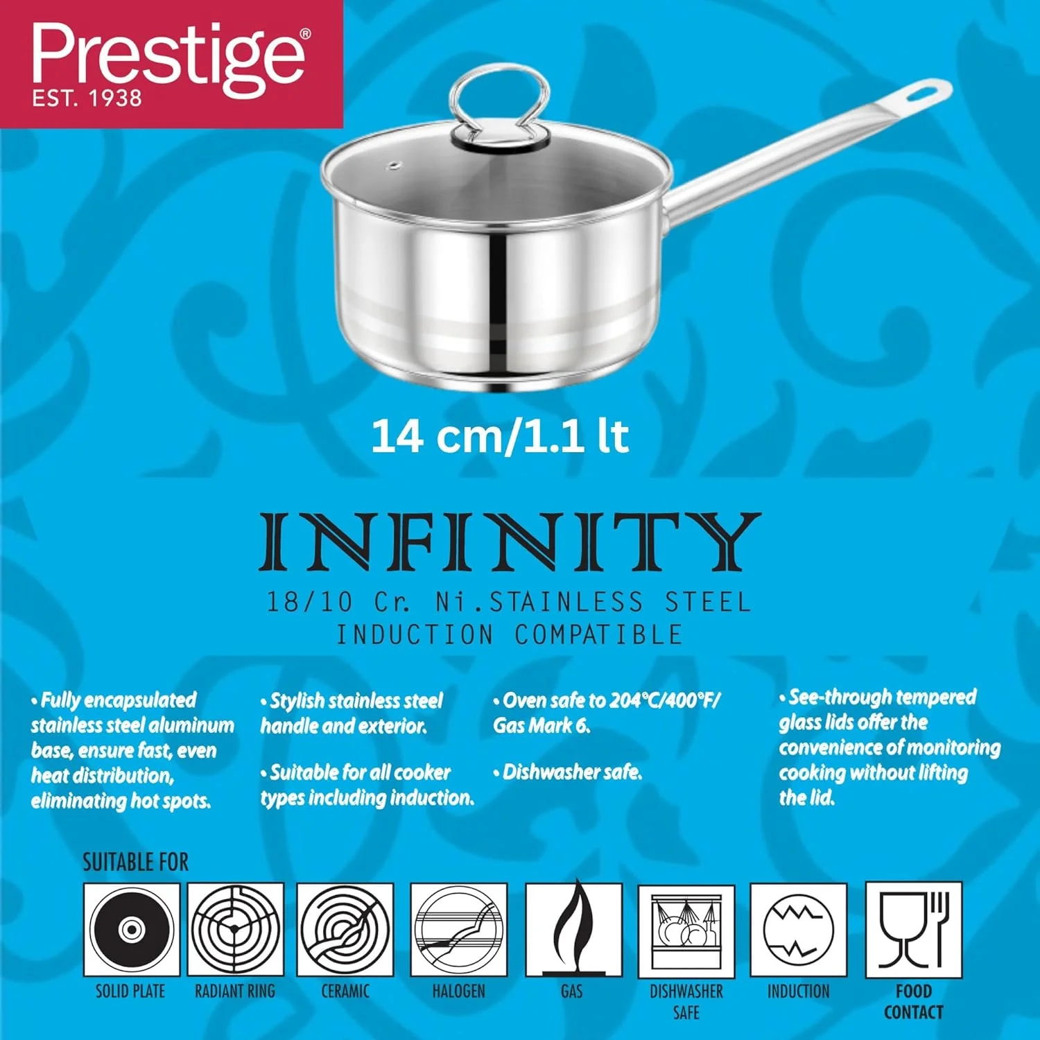 قابلمه سس استیل پرستیژ ۱۴ سانتی‌متری با درب شیشه‌ای | PR81137