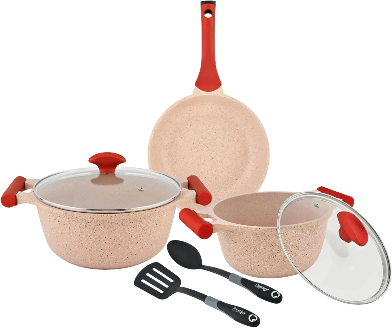 ست ظروف پخت و پز 7 پارچه آلومینیوم دایکاست نچسب گرانیتی پرستیژ Essentials | ست قابلمه و تابه سازگار با اجاق گاز القایی | صورتی - PR80961