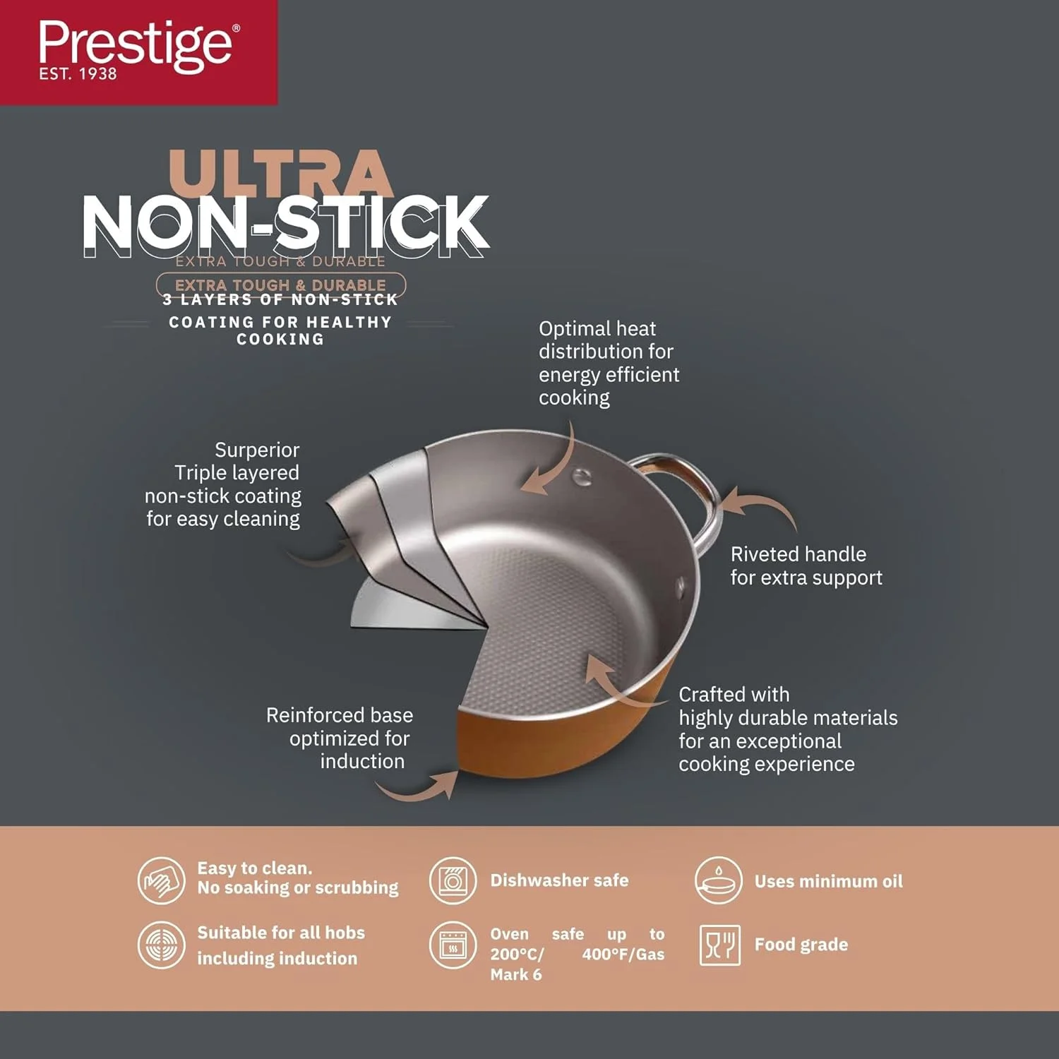 کاسرول نچسب ۲۶ سانتی‌متری/۶.۲ لیتری پرستیژ اولترا به همراه درب شیشه‌ای و نگهدارنده تابه | قابلمه خورشتی مناسب اجاق القایی | قابلمه نچسب با درب