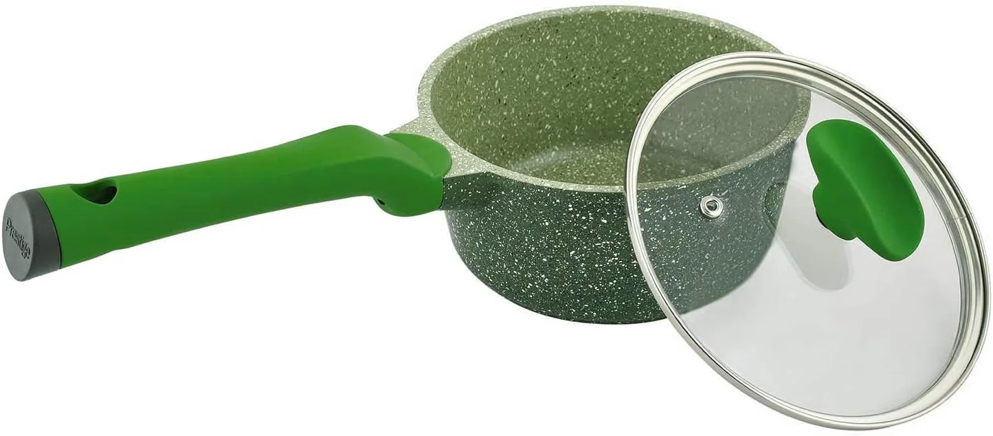 تابه سس گرانیتی نچسب پرستیژ اسنشیال با درب، ظروف آلومینیومی دایکاست | مناسب برای اجاق های القایی | آلومینیوم نچسب | تابه وک گرانیتی | تابه وک مرمری | فاقد PFOA و سرب - سبز، 16 سانتی متر