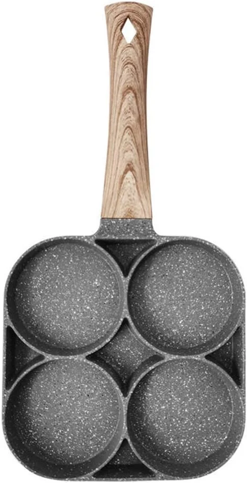 تابه املت 4 حفره ای برای برگر، تخم مرغ، ژامبون، پنکیک، دسته چوبی، تابه سرخ کردنی نچسب، مناسب برای پخت صبحانه، مشکی