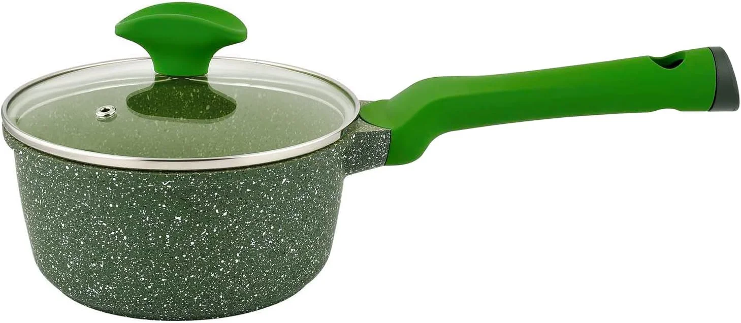 تابه سس گرانیتی نچسب پرستیژ اسنشیال با درب، ظروف آلومینیومی دایکاست | مناسب برای اجاق های القایی | آلومینیوم نچسب | تابه وک گرانیتی | تابه وک مرمری | فاقد PFOA و سرب - سبز، 16 سانتی متر