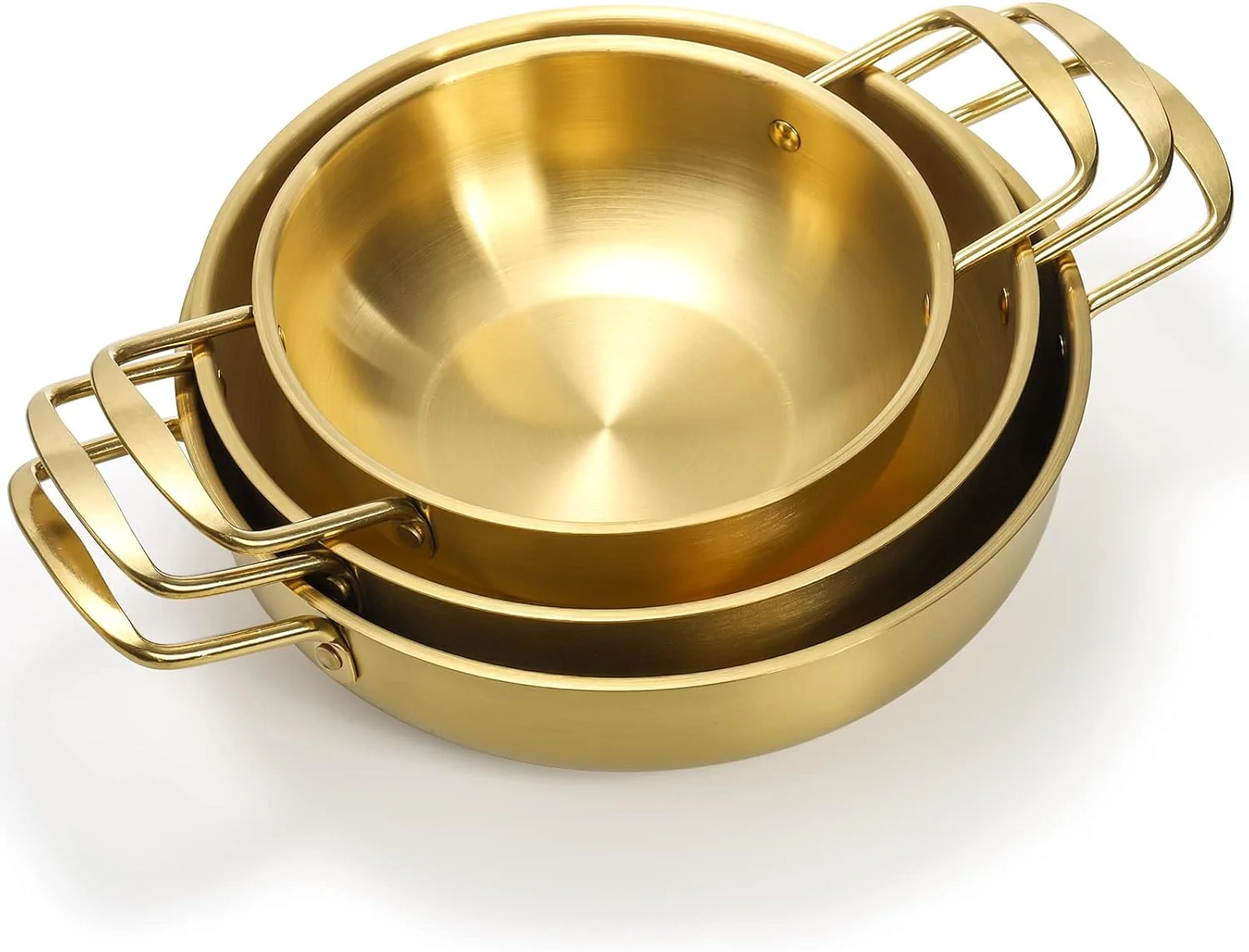 ست ۳ تایی قابلمه نودل رامن کره‌ای Okllen با دستگیره، تابه استیل روزمره، قابلمه طلایی کره‌ای برای سوپ، نودل، پاستا، خانه و بیرون، قابل شستشو در ماشین ظرفشویی، سایز ۷، ۸.۷، ۹.۵ اینچ