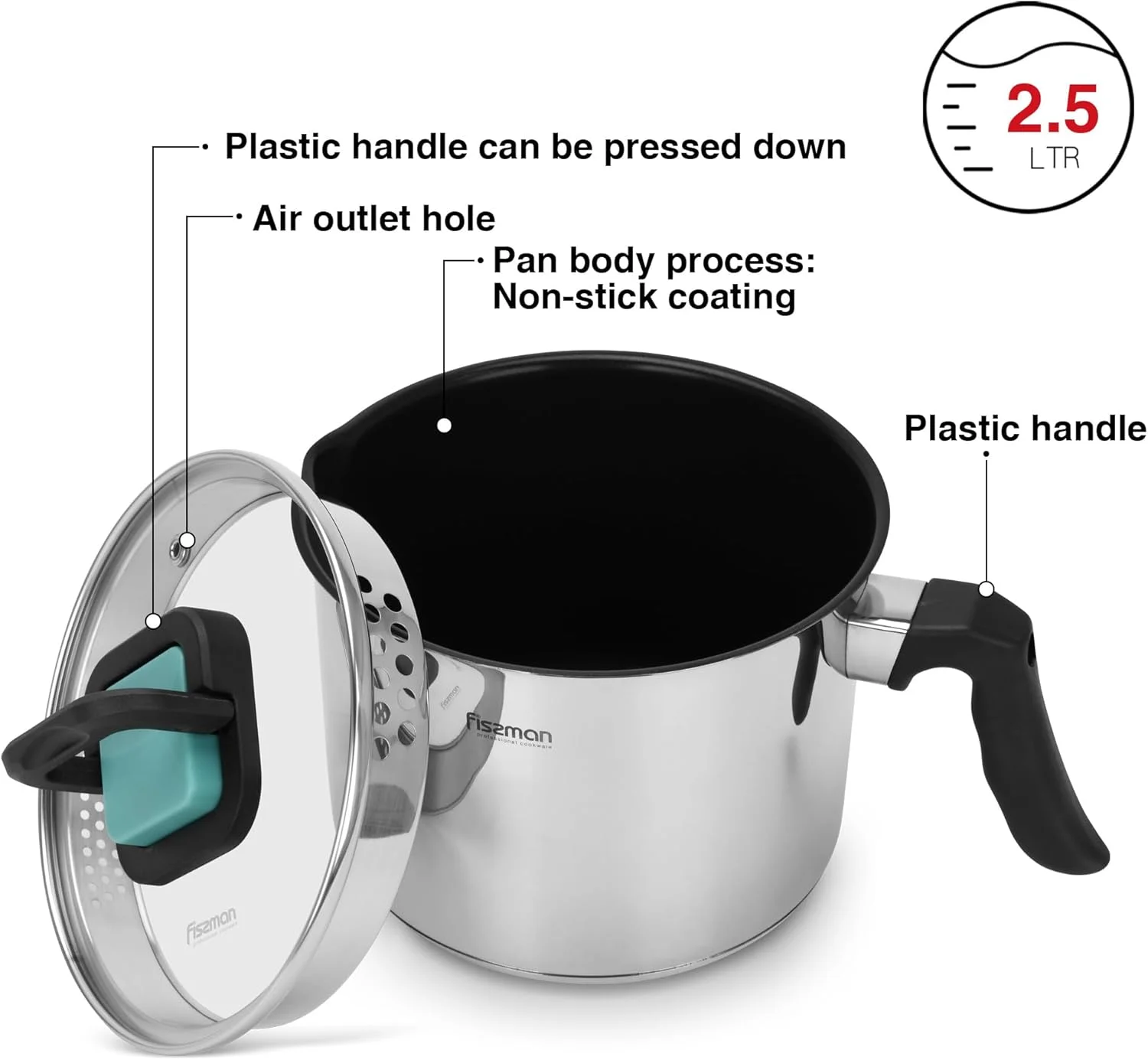 شیرجوش فیسمن 2.5 لیتری، گرم کننده شیر استیل نچسب | پوشش نچسب گربلون C2 با فناوری آلمان | استیل ضد زنگ 18/10 INOX304 با پرداخت آینه ای | دسته باکلیت | کف القایی برای همه اجاق ها