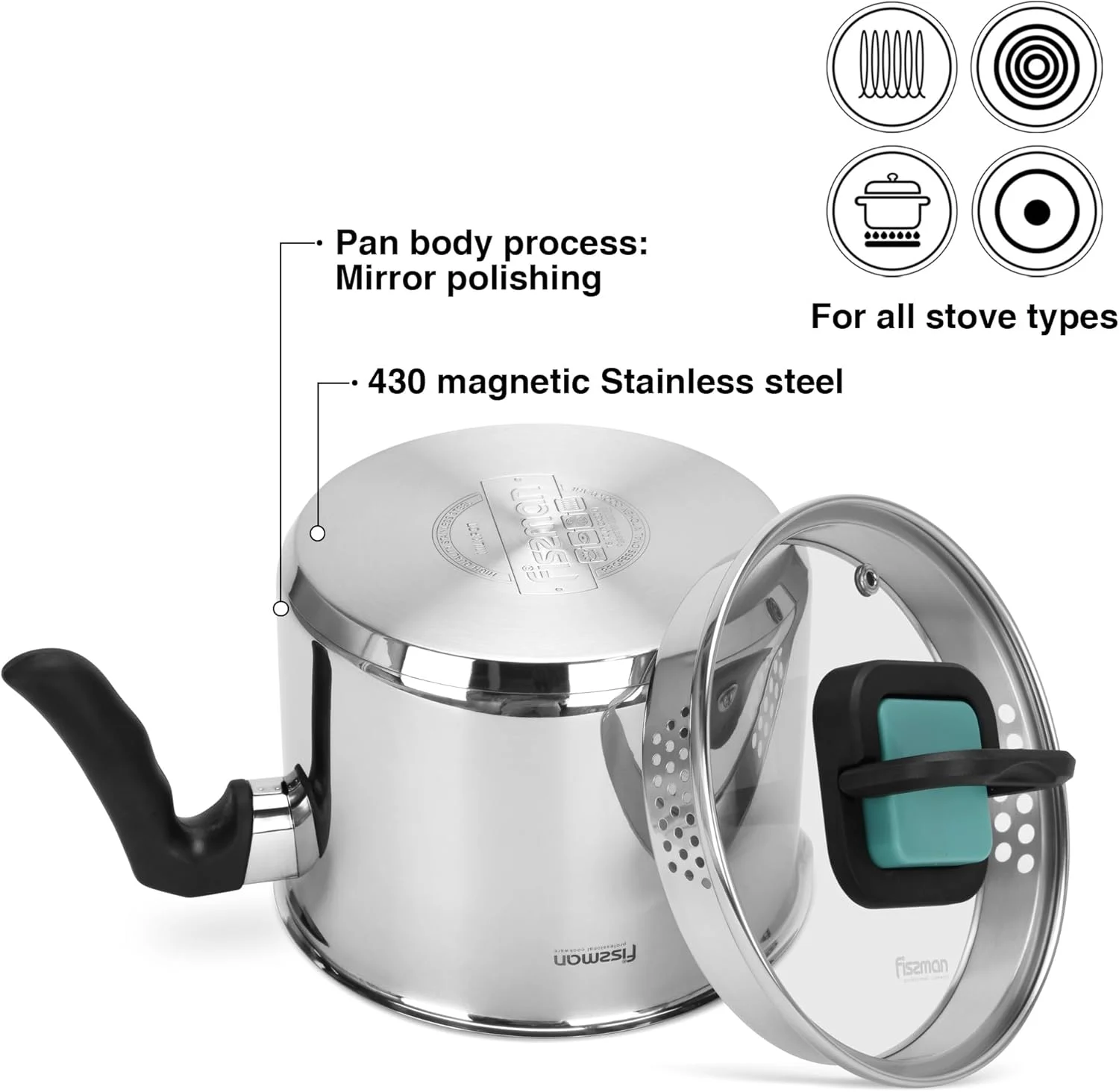 شیرجوش فیسمن 2.5 لیتری، گرم کننده شیر استیل نچسب | پوشش نچسب گربلون C2 با فناوری آلمان | استیل ضد زنگ 18/10 INOX304 با پرداخت آینه ای | دسته باکلیت | کف القایی برای همه اجاق ها