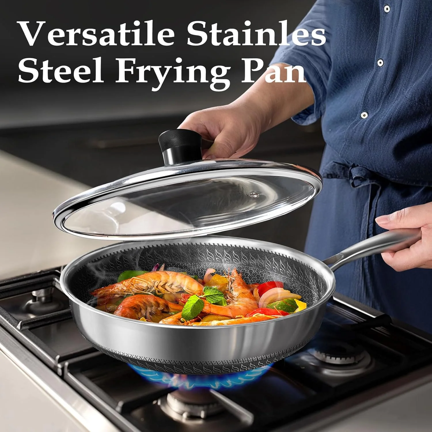 تابه نچسب با درب، تابه استیل ضد زنگ عمیق 28 سانتی متری، تابه سرخ کردنی با دسته، قابلمه لانه زنبوری قابل شستشو در ماشین ظرفشویی، تابه وک سازگار با تمام اجاق گازها