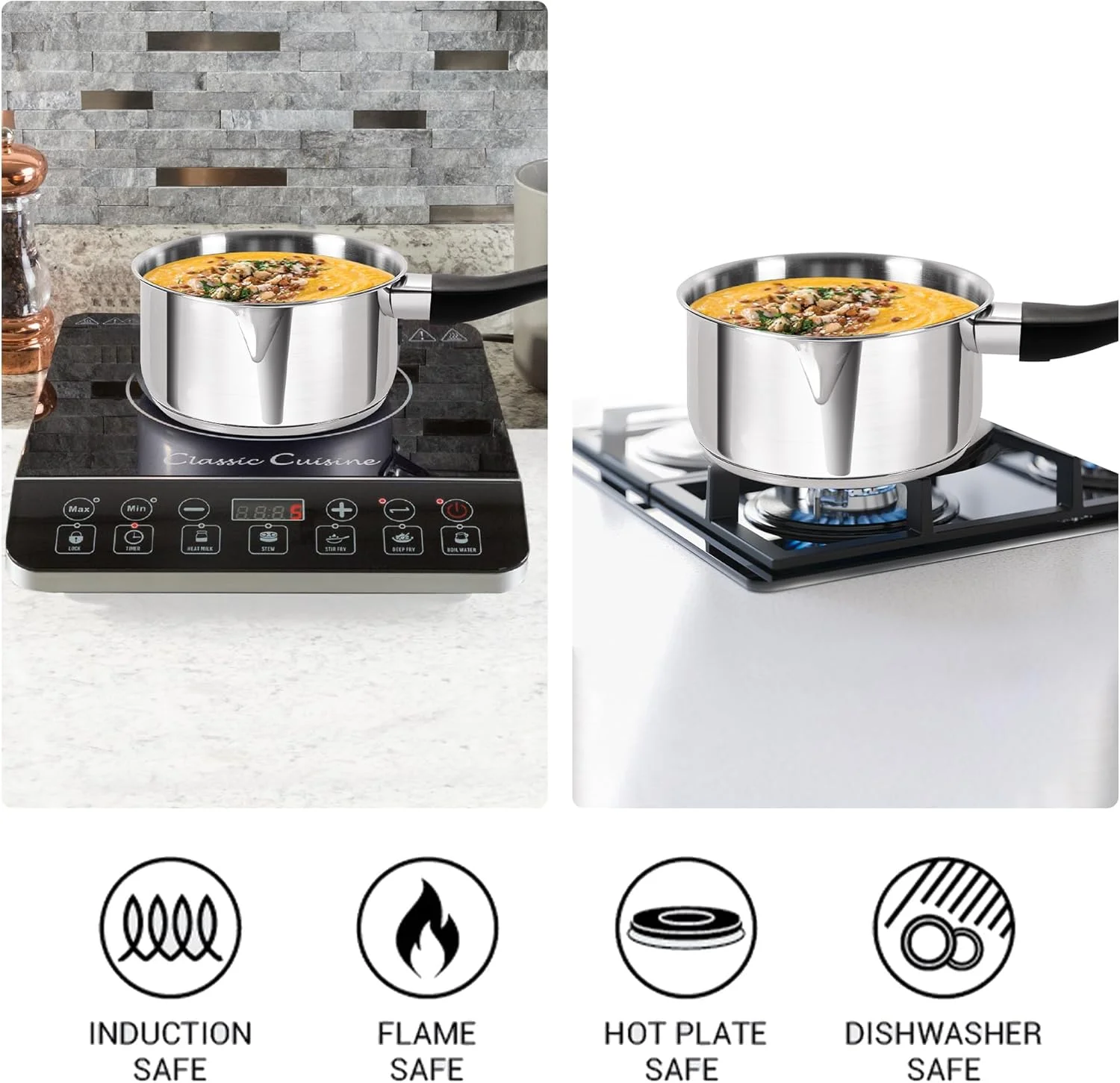 قابلمه استیل میلتون پرو کوک با کفه ساندویچی برای سس/چای، دسته باکالیت، ۱۸ سانتی متر/ ۲.۳ لیتر، نقره ای | مناسب برای اجاق القایی | مناسب برای شعله | مناسب برای صفحه گرمایشی | قابل شستشو در ماشین ظرفشویی