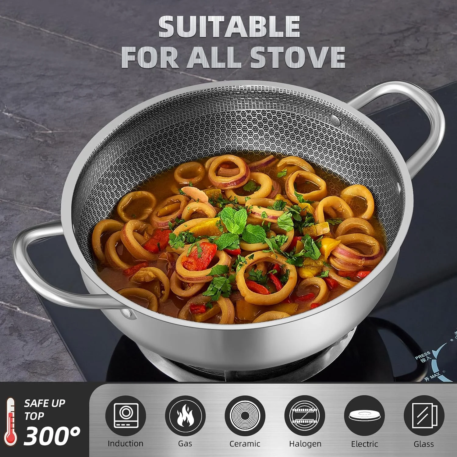 تابه استیل سرخ کردنی با درب، تابه گود 30 سانتی متری، قابلمه نچسب لانه زنبوری با دسته، تابه بزرگ کادای، تابه وک سازگار با انواع اجاق گاز، قابل شستشو در ماشین ظرفشویی