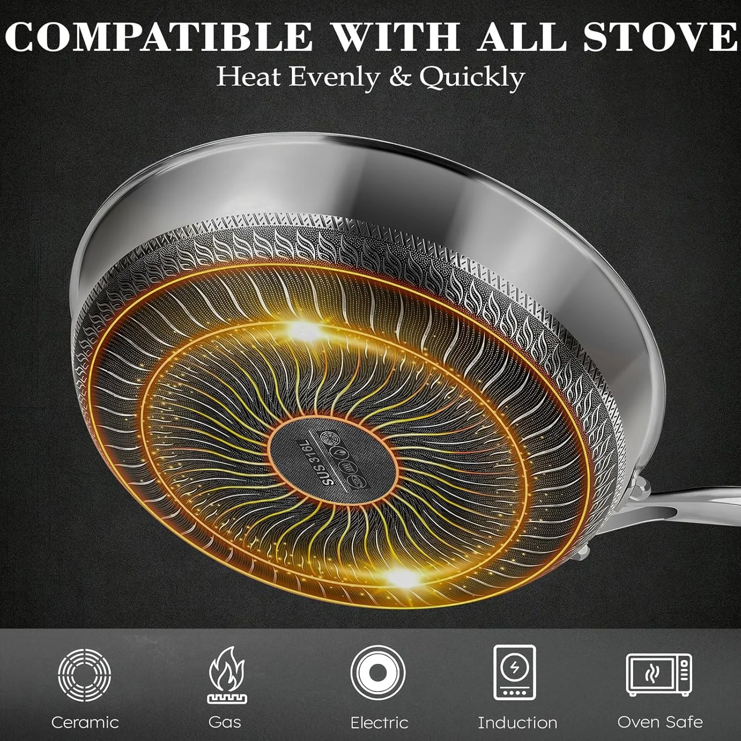 تابه نچسب با درب، تابه استیل ضد زنگ عمیق 28 سانتی متری، تابه سرخ کردنی با دسته، قابلمه لانه زنبوری قابل شستشو در ماشین ظرفشویی، تابه وک سازگار با تمام اجاق گازها